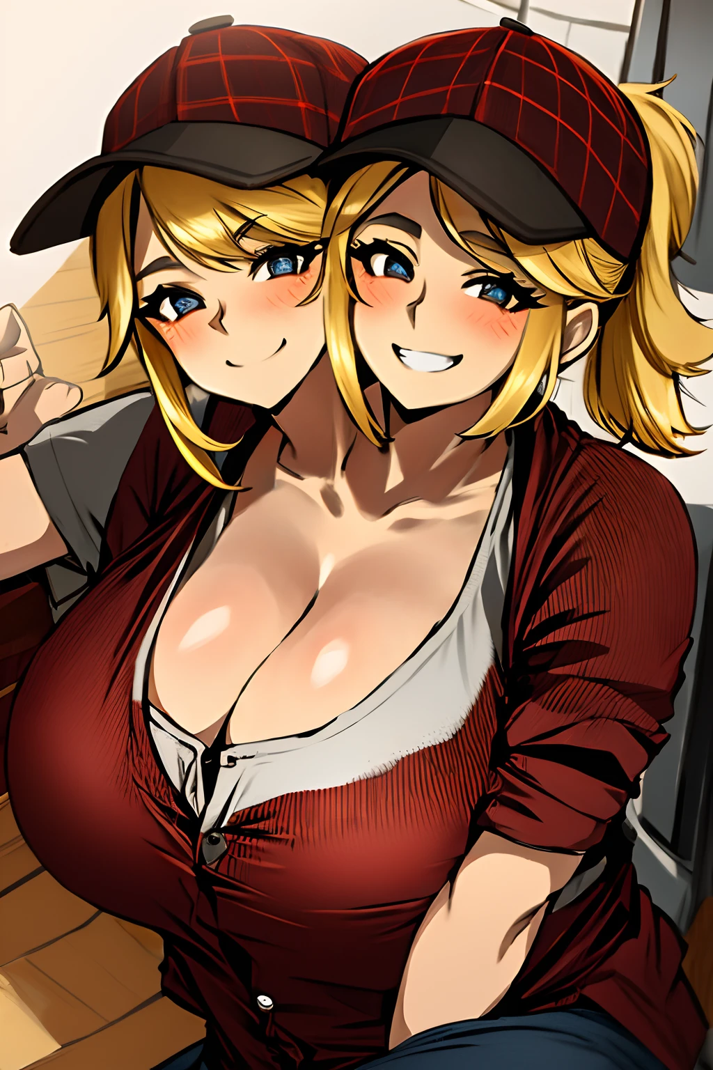 2heads, a short chubby woman with 2 heads. She has enormous breasts. She is wearing a red plaid flannel shirt and jeans. She is wearing a trucker's hat. She is in a big truck. She has blonde hair in a ponytail. She has gigantic breasts. She is blushing. She is smiling wide.
