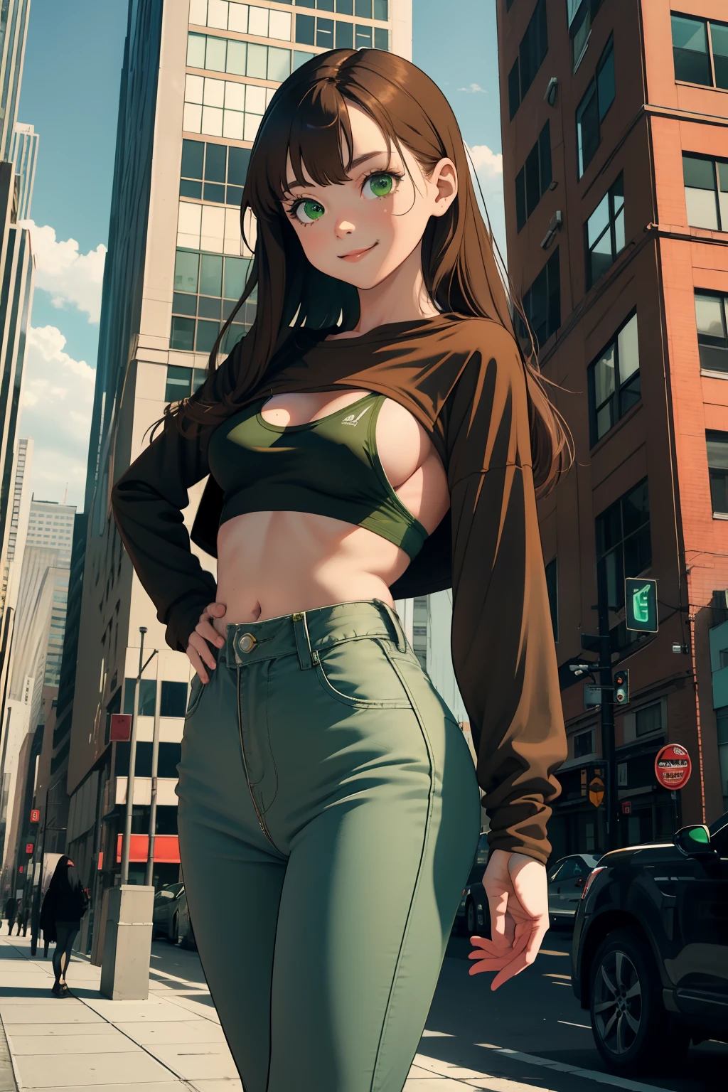 masterpiece, best quality, absurdres, perfect anatomy, 1girl, solo, shrug \(clothing\), long sleeves, t-shirt, pants, standing, city, outdoors, cowboy shot, smile, brown hair, medium length, green eyes