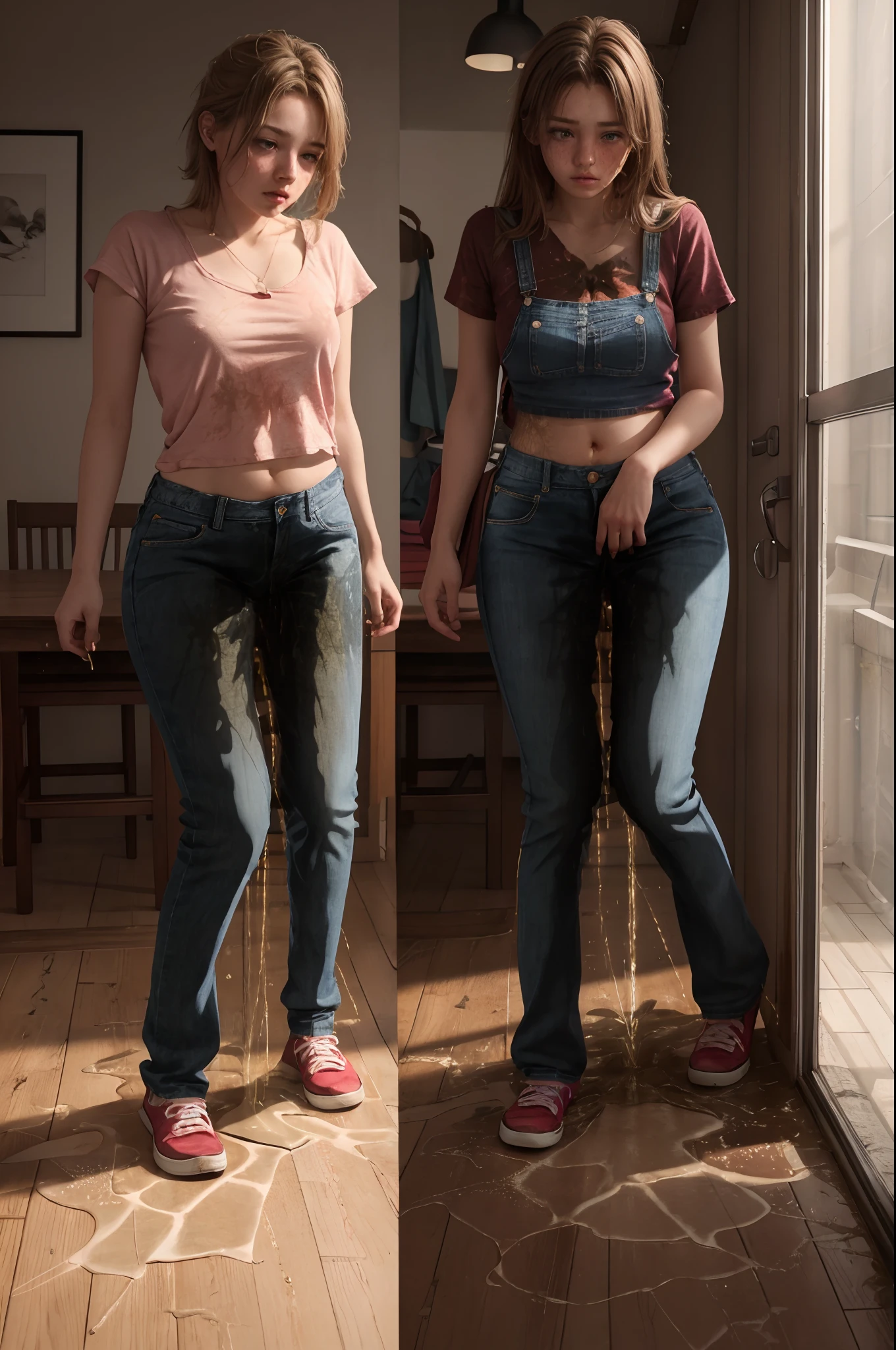 best quality, masterpiece, highres, realistic, 8k, soft lighting, cinematic lighting, (3girls), 20 years old, blue jeans pants, (full body), blush, worried, ((((((pee stain))))))