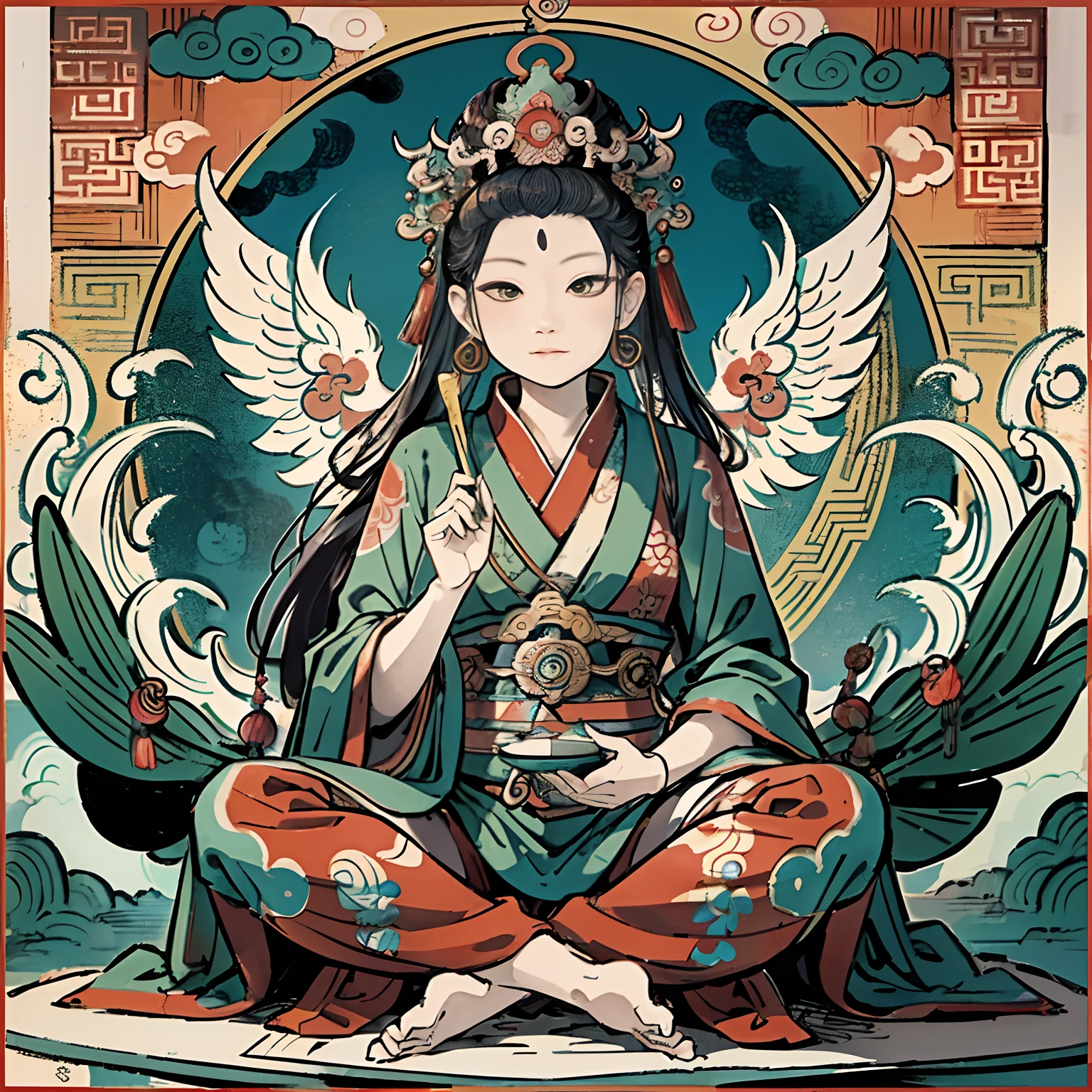 an ancient Chinese goddess, guanyin of the southern seas, Guanyin, Inspired by India, Avalokiteshvara rides a phoenix,,Serene expression,shui mo hua,Buddha,Buddhist,Lotus,Chinese painting style,Thangka style