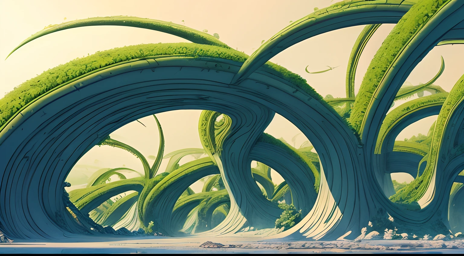 White alien world,Alien giant vine plant,Alien toucana,Alien Chaos landscape,moebius style