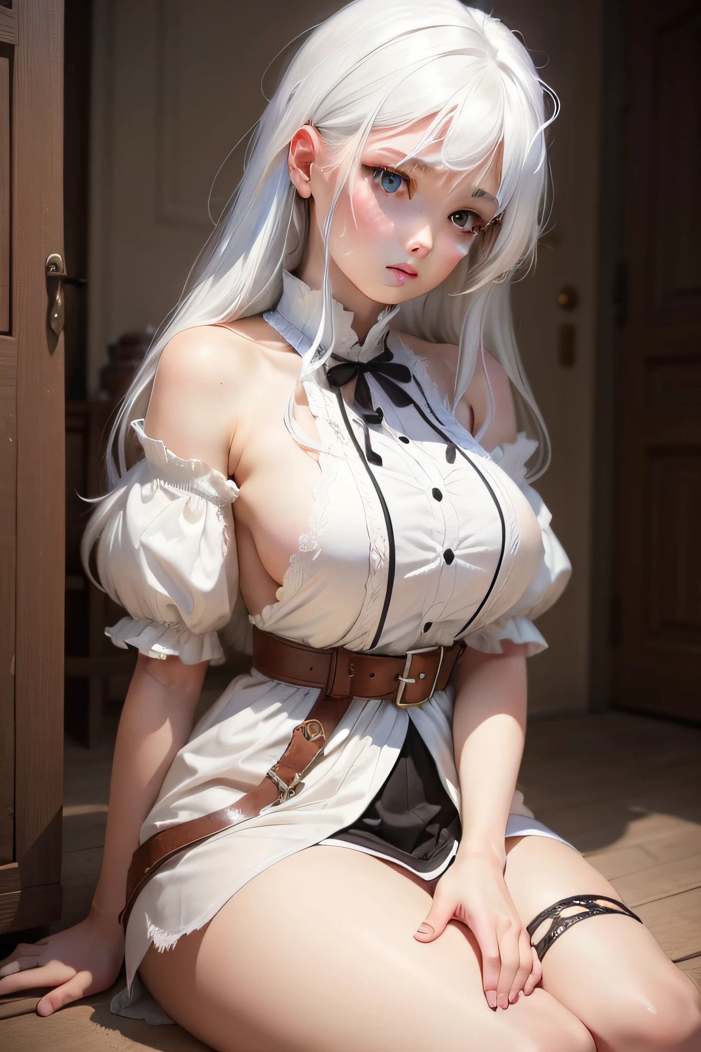 one girl, white hair, large brates