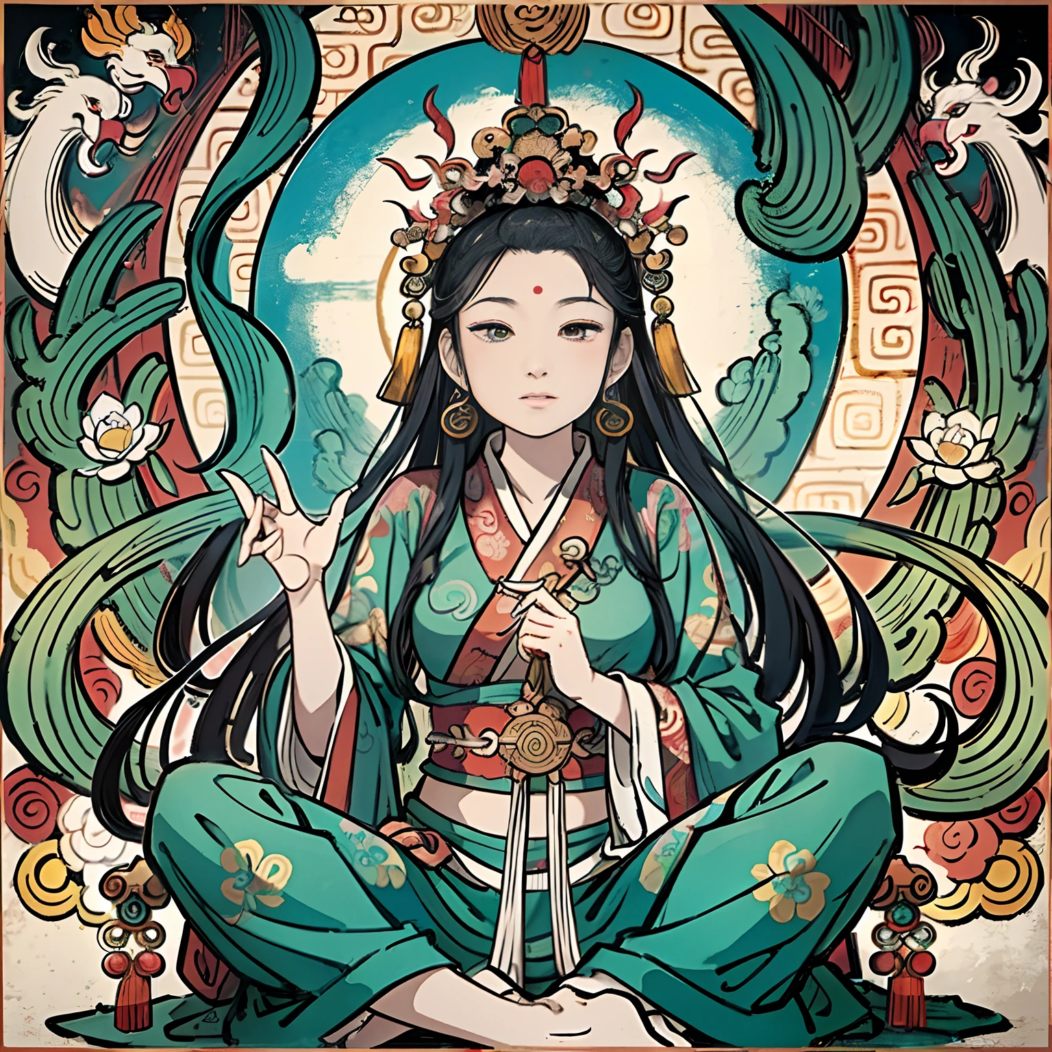 an ancient Chinese goddess, guanyin of the southern seas, Guanyin, Inspired by India, Avalokiteshvara rides a phoenix,,Serene expression,shui mo hua,Buddha,Buddhist,Lotus,Chinese painting style,Thangka style