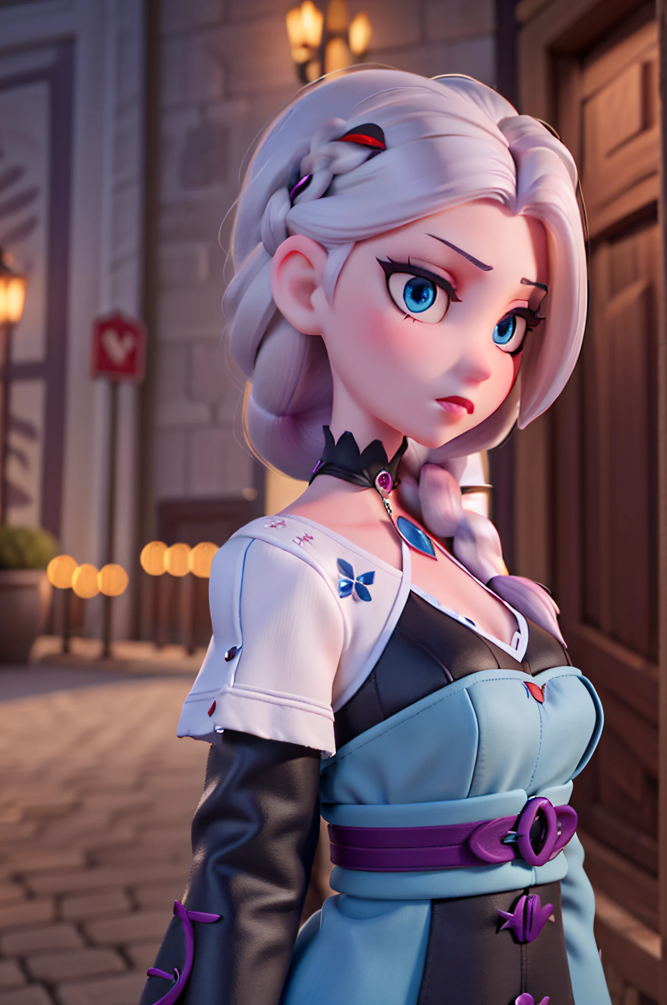 Gothic girl,Serious dark special style clothing, Short thin purple hair, with fair skin,Two braids,Hand detail,wide blue eyes,Look gently straight ahead,Coordination of the five senses,Elegant and noble,Slim,upperbody closeup,Street at night