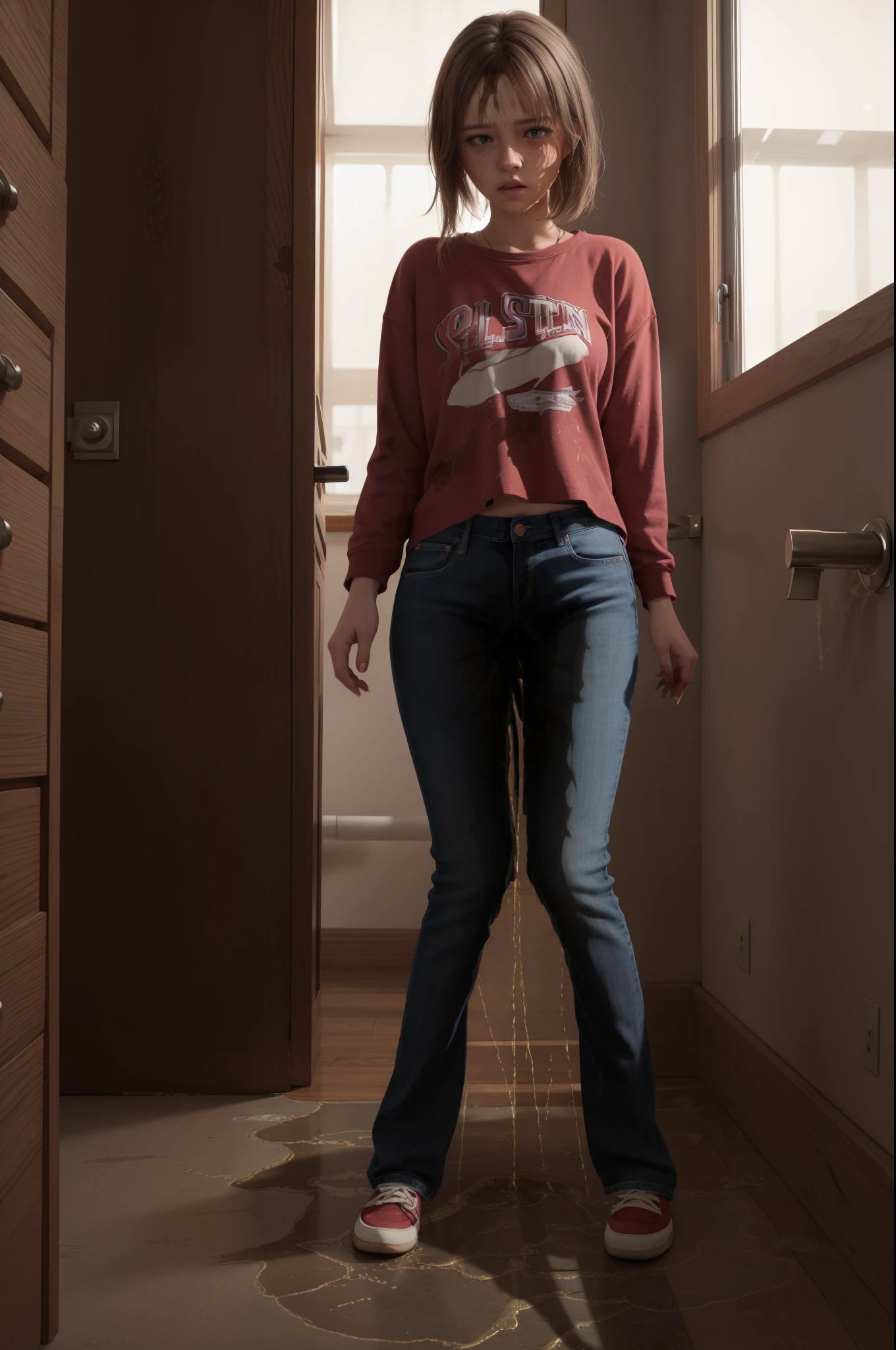 best quality, masterpiece, highres, realistic, 8k, soft lighting, cinematic lighting, (3girls), 20 years old, blue jeans pants, (full body), blush, worried, ((((((pee stain))))))