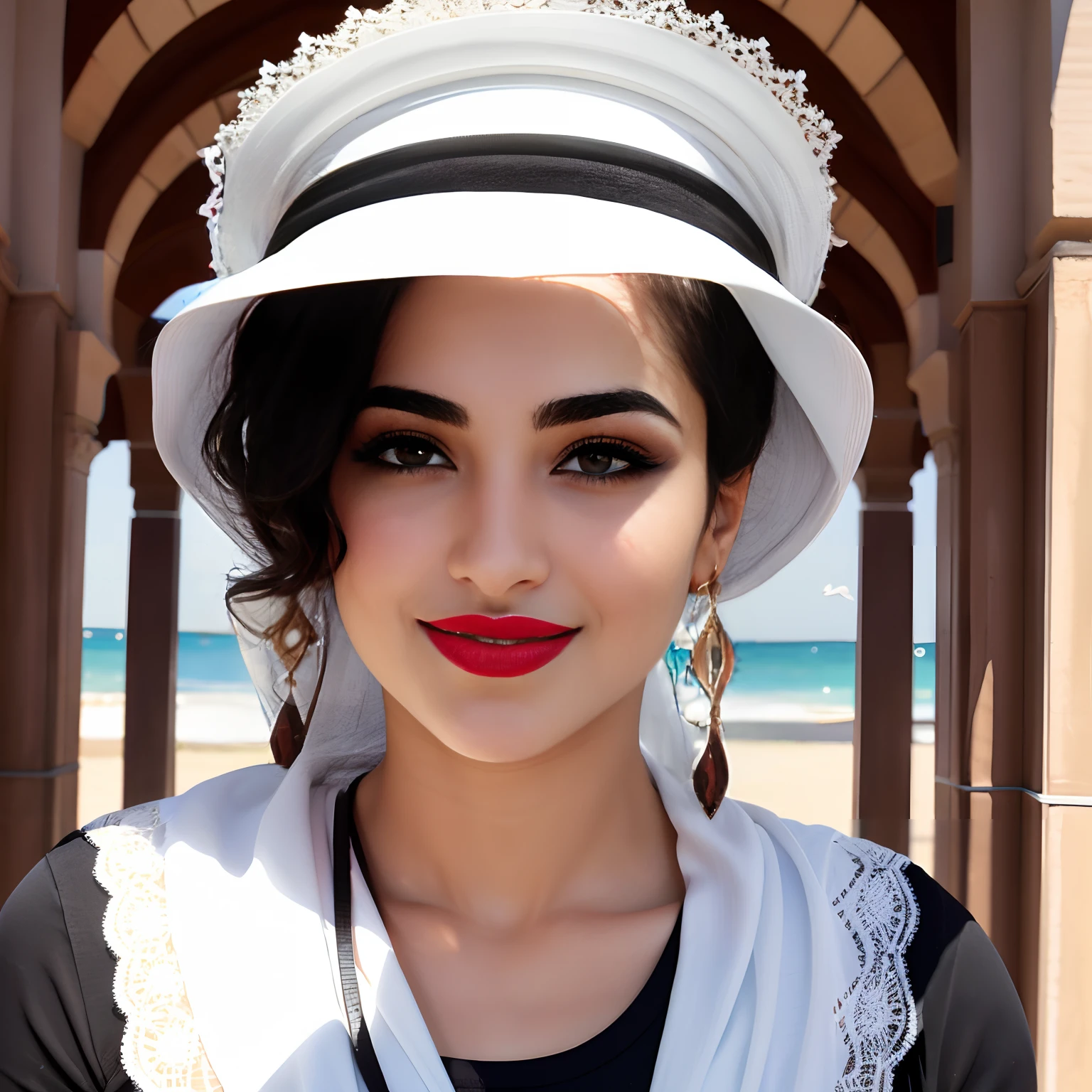 ((beautiful)+(attractive:0.9)+(sensual:0.8)) white arab women ((nerd:0.8)+(lovely)+(clean skin)) with hazel eyes and red lips. Medium dark black hair, ((intense eyes)) ((smily))