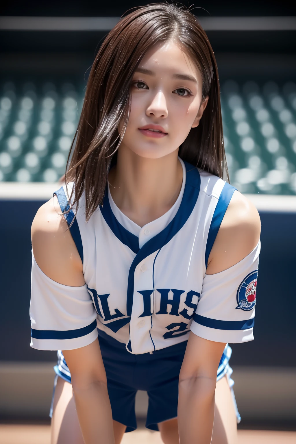 (Best Quality, 8k, 32k, Masterpiece, UHD:1.2), (1 slender woman of Japan, 28 years old, tall gravure model), Dark Brown Hair, Bright in the foreground, Professional Lighting, Photon Mapping, Radiosity, shading:1.3, (High Definition Skin:1.2), (shorts, Exposed Shoulder:1.1), squatting with legs open, ((provocative dynamic pose)), (she is wet), Top-Down View:1.5, (baseball Uniform:1.1, ), Ultra Detailed Face, Detailed Lips, Detailed Eyes, Double Eyelids, Inside the Stadium, (sensual gaze to the photographer, lips slightly open) clear sky, baseball stadium, Spectators get excited, Festive atmosphere in the venue