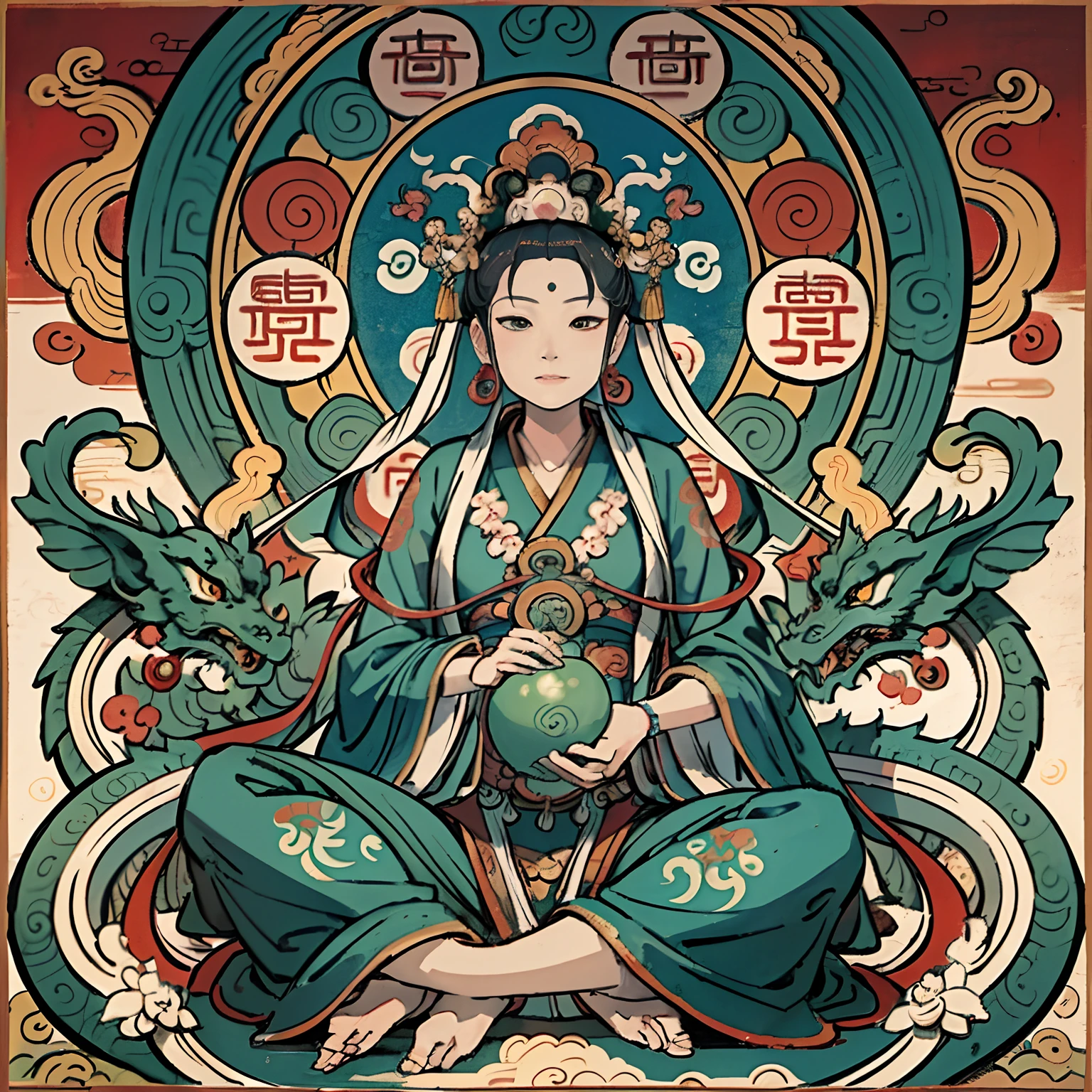 A woman in a green dress sitting on a green dragon - SeaArt AI