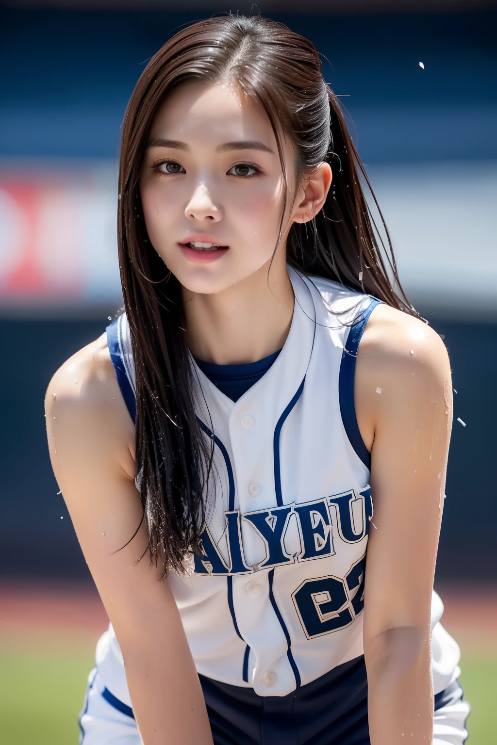 (Best Quality, 8k, 32k, Masterpiece, UHD:1.2), (1 slender woman of Japan, 28 years old, tall gravure model), Dark Brown Hair, Bright in the foreground, Professional Lighting, Photon Mapping, Radiosity, shading:1.3, (High Definition Skin:1.2), (shorts, Exposed Shoulder:1.1), squatting with legs open, ((provocative dynamic pose)), (she is wet), Top-Down View:1.5, (baseball Uniform:1.1, ), Ultra Detailed Face, Detailed Lips, Detailed Eyes, Double Eyelids, Inside the Stadium, (sensual gaze to the photographer, lips slightly open) clear sky, baseball stadium, Spectators get excited, confetti is flying,