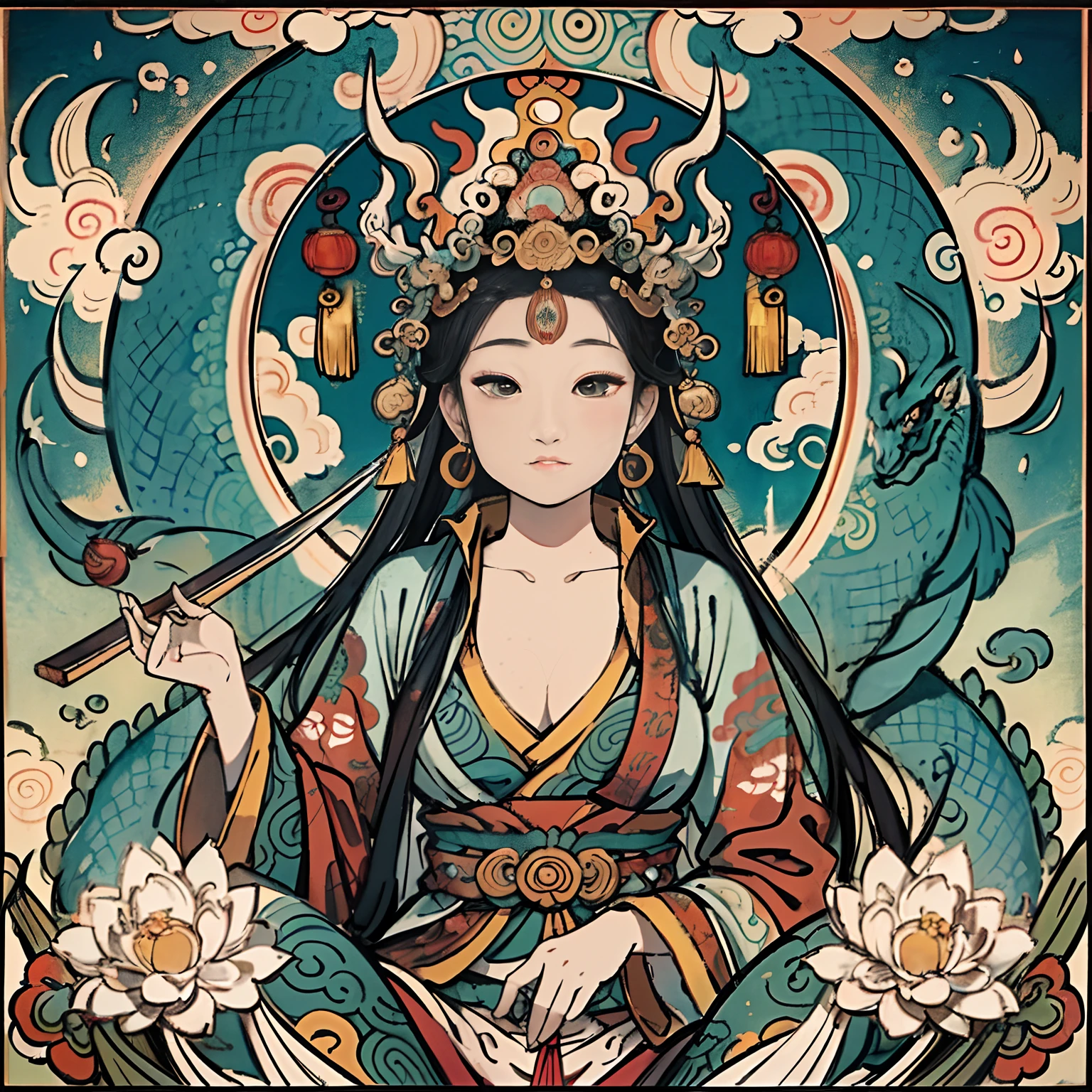 an ancient Chinese goddess, guanyin of the southern seas, Guanyin, Inspired by India, Avalokiteshvara rides a dragon，,Serene expression,shui mo hua,Buddha,Buddhist,Lotus,Chinese painting style,Thangka style