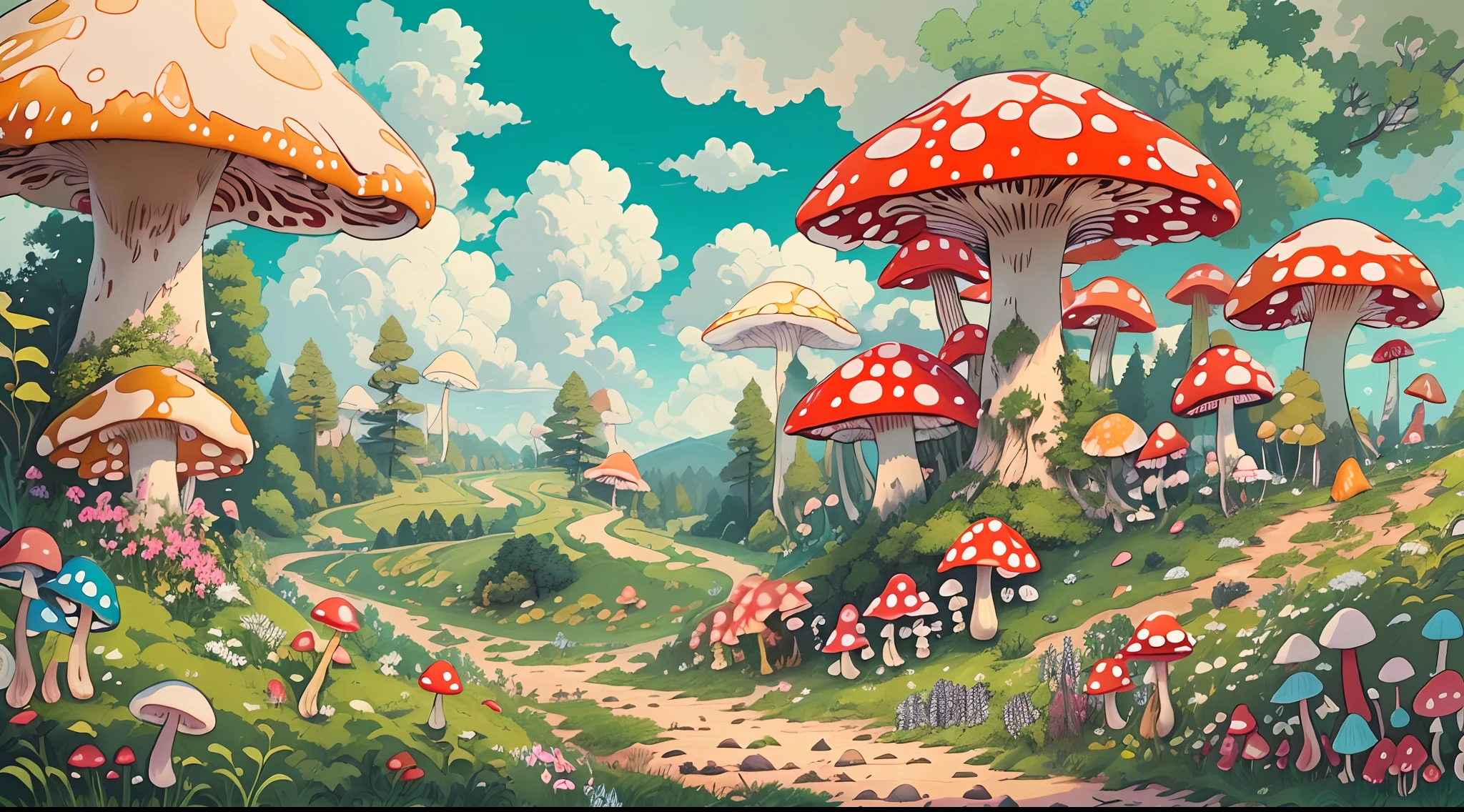 with a realistic、Be authentic、beautifly、mushrooms、a large amount of mushrooms、the woods、in woods、road in forest、Farbe々Coloring mushrooms、large mushroom、giant mushroom、Amazing landscape oil painting Studio Ghibli Hayao Miyazaki petal meadow with blue sky and white clouds --v6