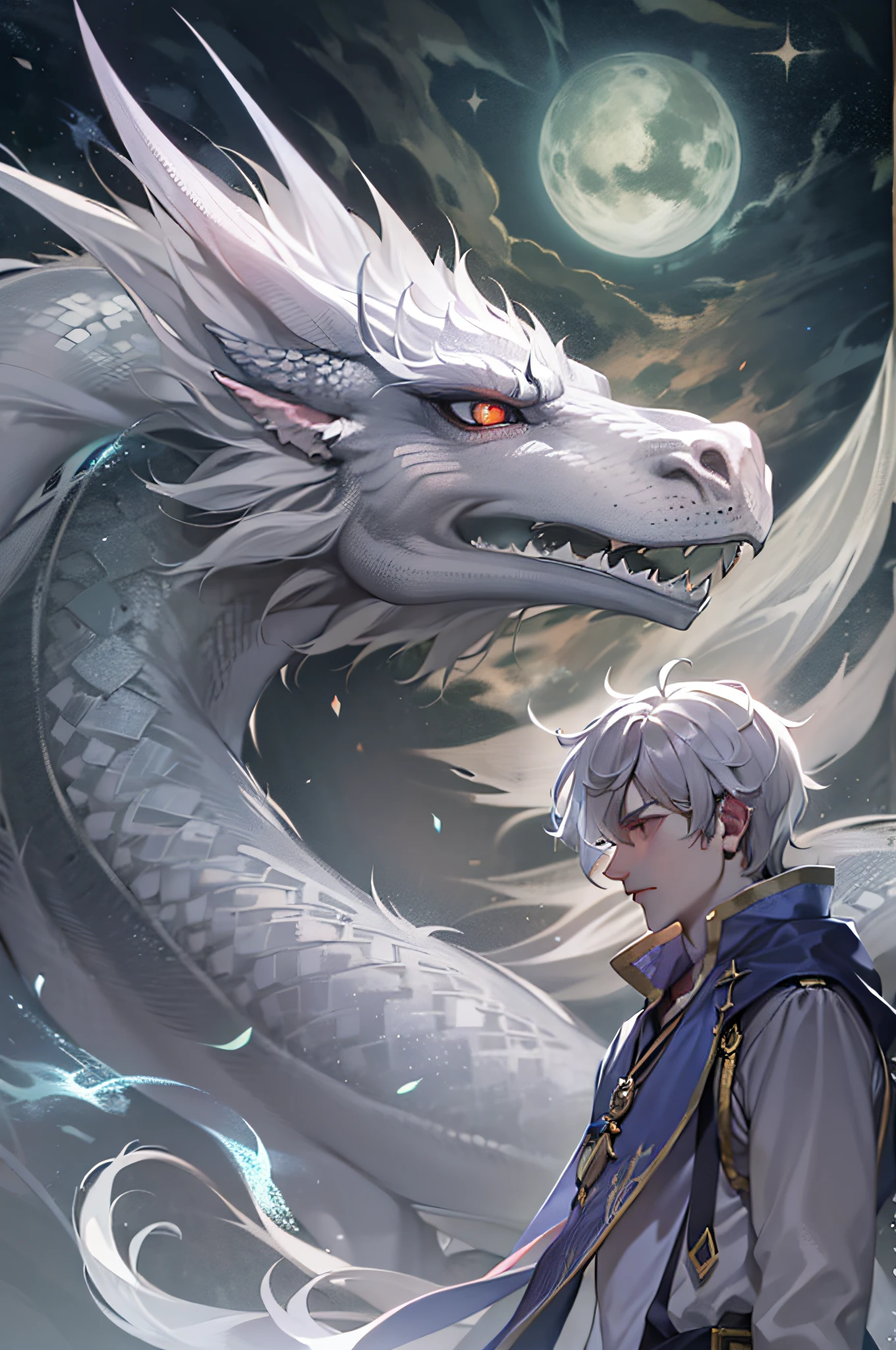 (absurdres, highres, ultra detailed),(Masterpiece, best quality:1.2),1man,dragon king,white hair,young, wearing royal clothing,tall, blueish white dragon eyes, surrounded by different Dragons behind the character, mountains, absolutely stunning art, extremely detailed eyes, powerful