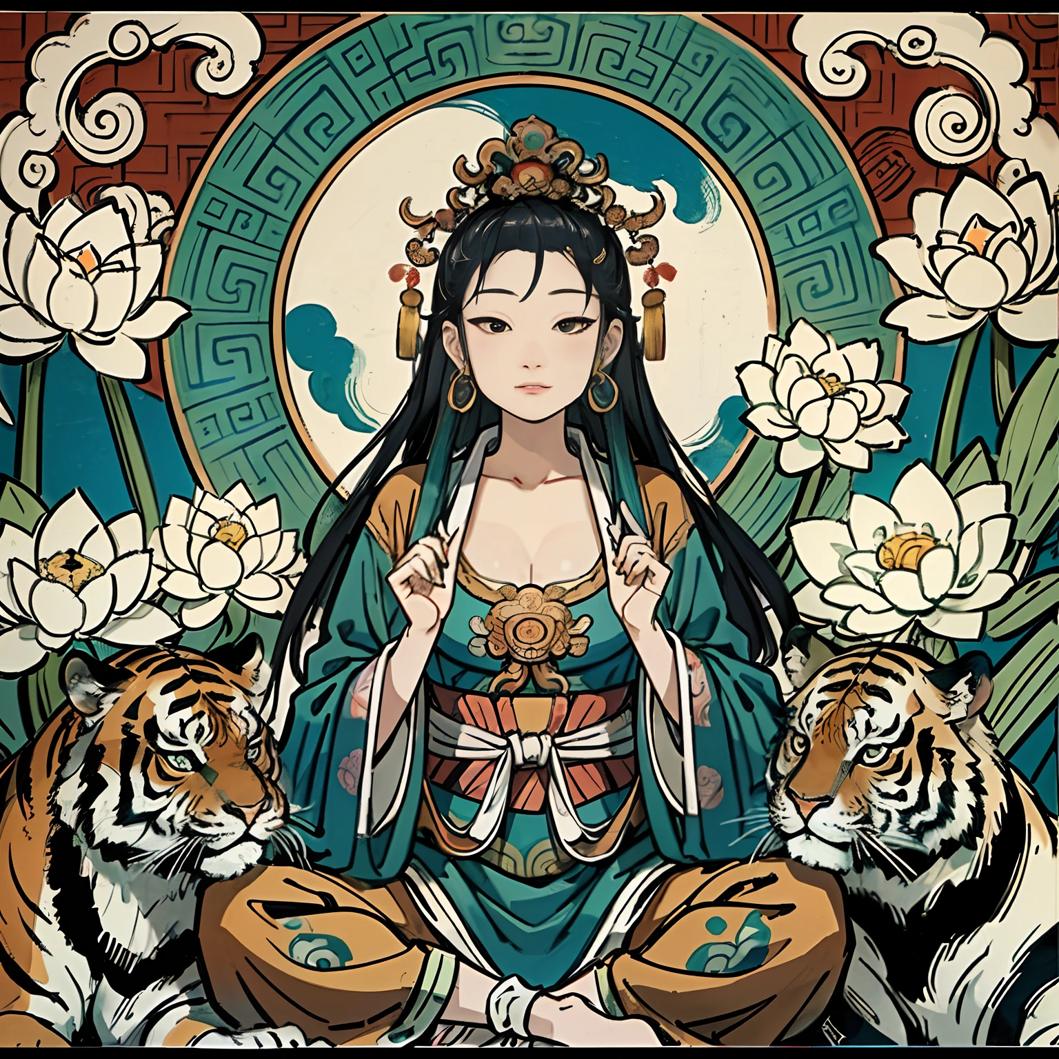 an ancient Chinese goddess, guanyin of the southern seas, Guanyin, Inspired by India, Avalokiteshvara rides a tiger,,Serene expression,shui mo hua,Buddha,Buddhist,Lotus,Chinese painting style,Thangka style