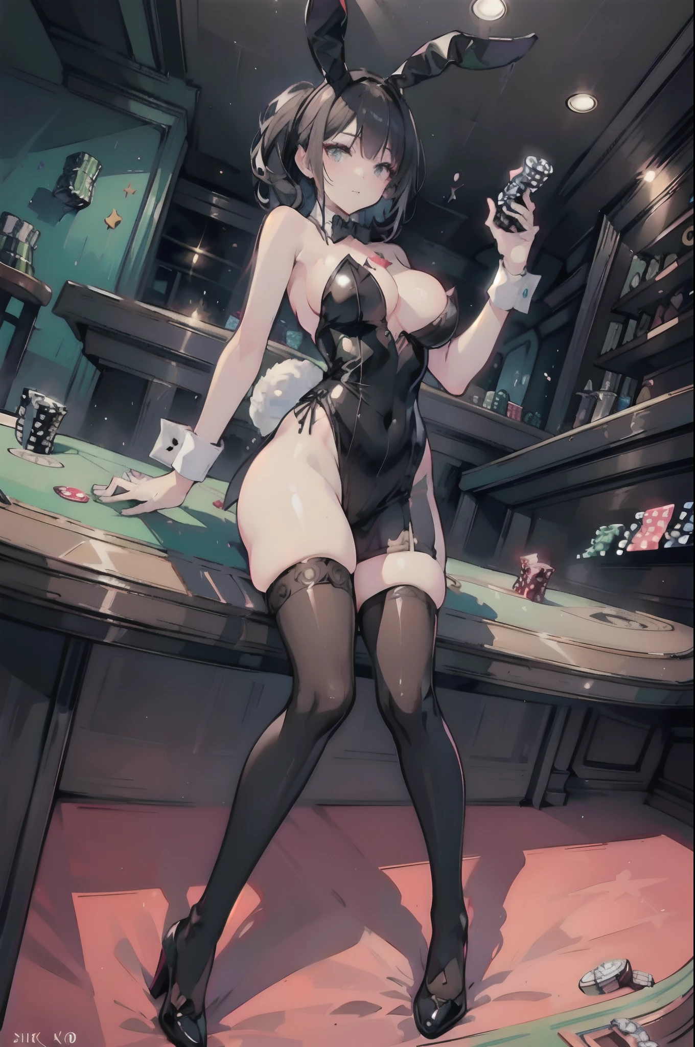 (fullllbody), bunnygirl, (beautifully detailed eyes), (beautiful and detailed face), Perfect female body, (neat figure:1.2), thick body, Slender waist, (18year old), (Black stockings:1.4), Very big eyes,  (top-quality), (ultra-detailliert), (masuter piece), (hight resolution), (Photorealsitic:1.4), (Dynamic Angle:1.2), (Original), (the Extremely Detailed CG Unity 8K Wallpapers), Character Design, Game CG, Detailed Manga Illustration, Realistic head-to-body size ratio:1.2, anime keyvisual,((Gorgeous casino illumination crowded with many people:1.4)),