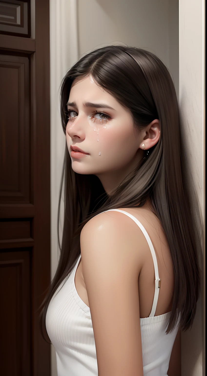 Sad girl crying, 18 years old, white with dark hair, really beautiful girl, narcissistic parents behind, photorealistic, high definition