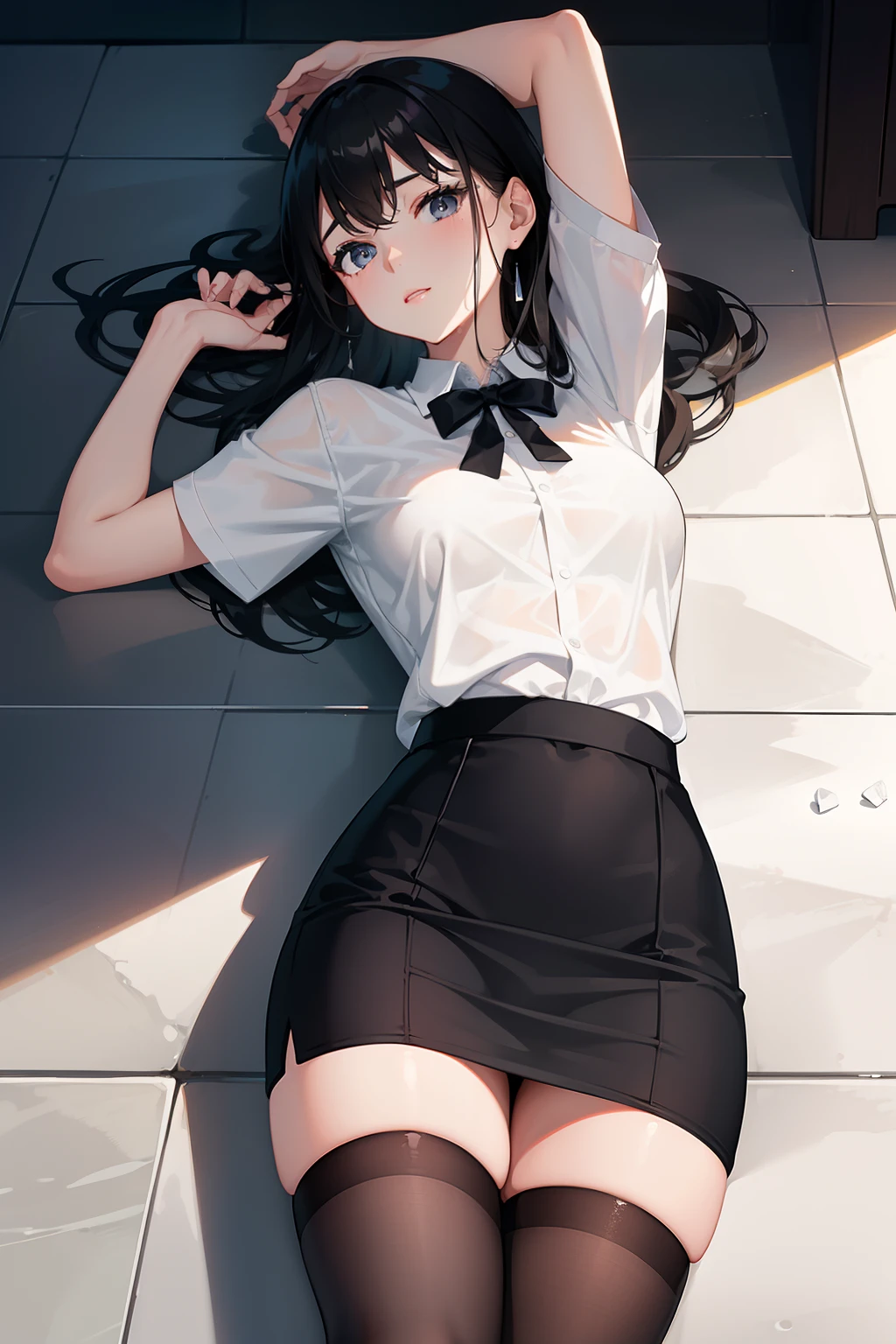 best quality, 1 girl, short sleeves, white shirt, short black pencil skirt, beautiful face, elegant body, black stockings, wet, lying on floor