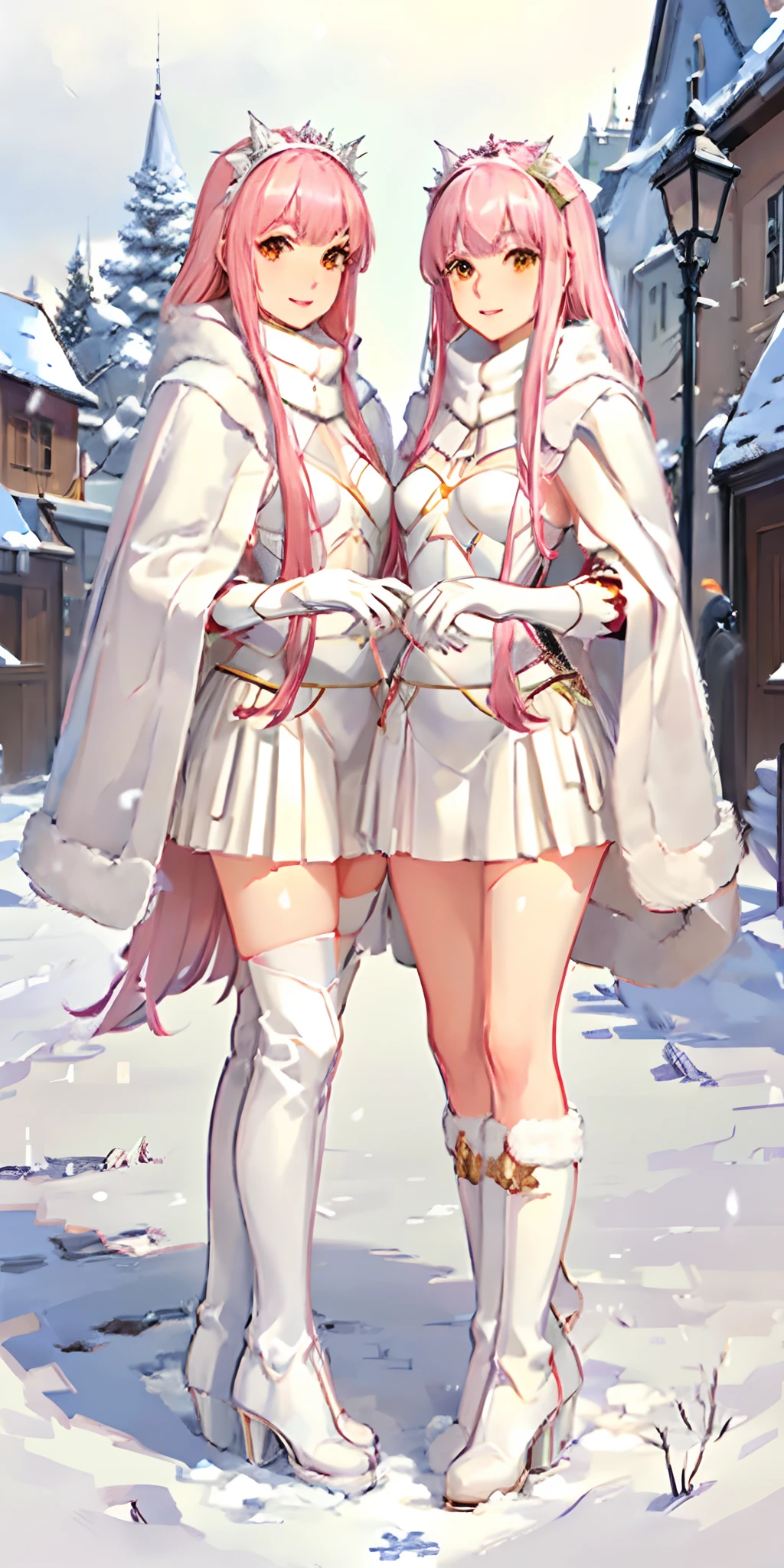 (masterpiece, sidelighting, finely detailed beautiful eyes: 1.2), glowing eyes, shiny hair, lustrous skin, duo, embarrassed, medb \(fate\), outdoors, cloak, white cloak, fur trim, knee boots, snow, street, lamppost, full body, 2girls, twins, clones