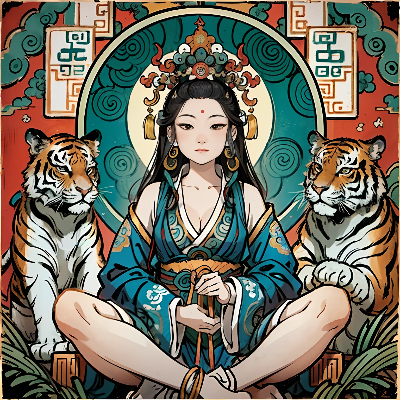 an ancient Chinese goddess, guanyin of the southern seas, Guanyin, Inspired by India, Avalokiteshvara rides a tiger,,Serene expression,shui mo hua,Buddha,Buddhist,Lotus,Chinese painting style,Thangka style