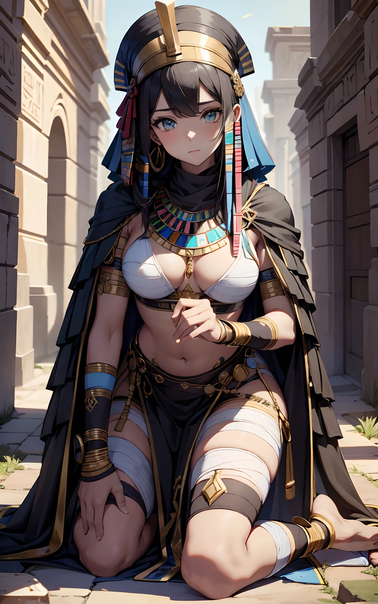 best qualityer,tmasterpiece,Ultimate resolution,downy,Extremely colorful,Colorful,Ancient Egyptian mummy beauty,Beautiful woman wrapped in bandages,Bandages all over the body,bandagens,(Kneeling pose),bare-legged,Normal posture