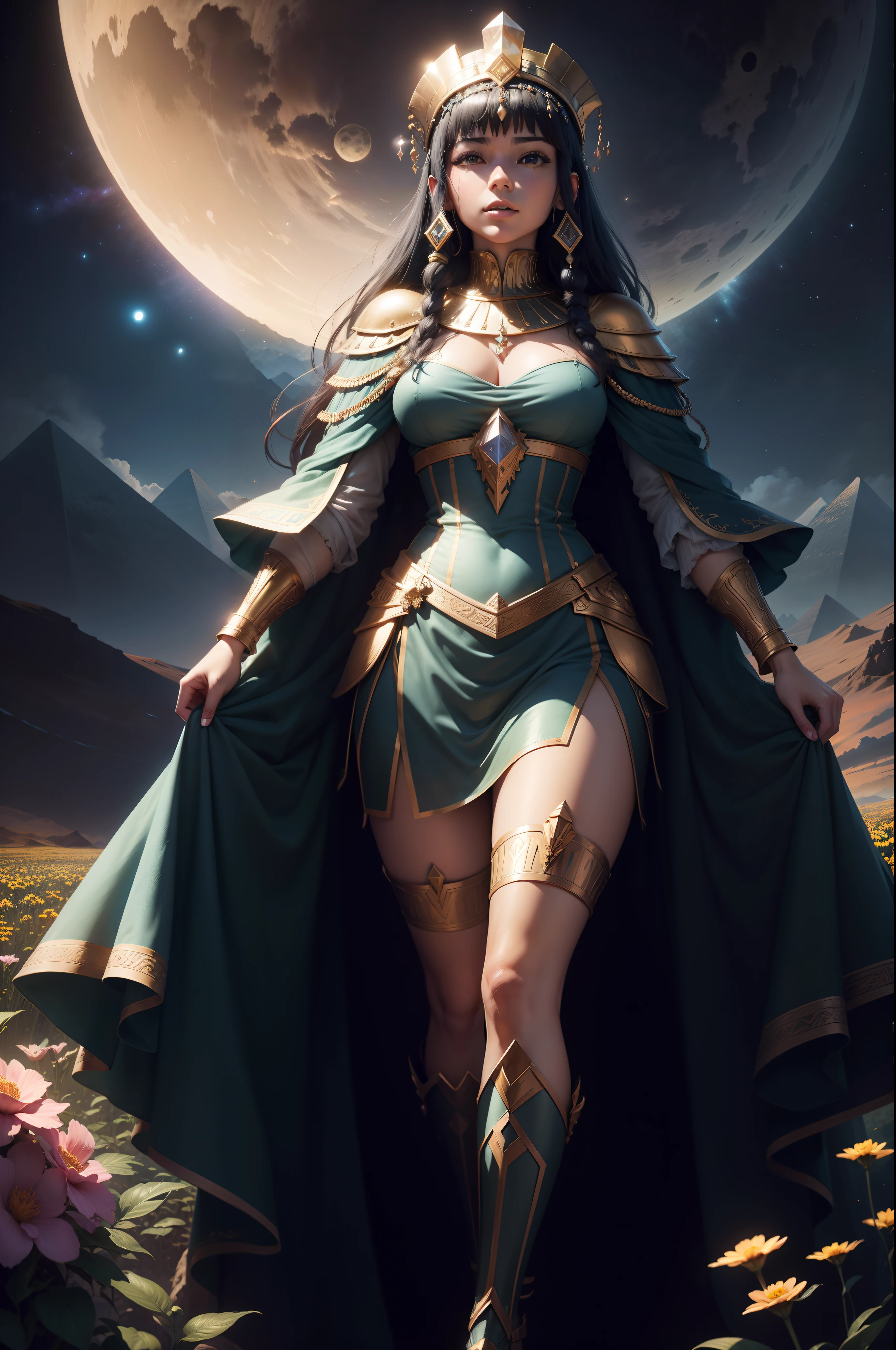 Vast landscape photos、Past awards、Cleopatra, Queen of Egypt, standing in a flower garden and looking up、(fullmoon:1.2)、(shooting stars:0.9)、(nebulas:1.3)、mountain in the distance、Tree Break Production Art、intricate detailes、Volume Lighting BREAK、top-quality、4K、ultra-detailliert、Highly detailed and colorful details、(Glowing lighting、Atmospheric illumination)、dream-like、Magical、Pyramids