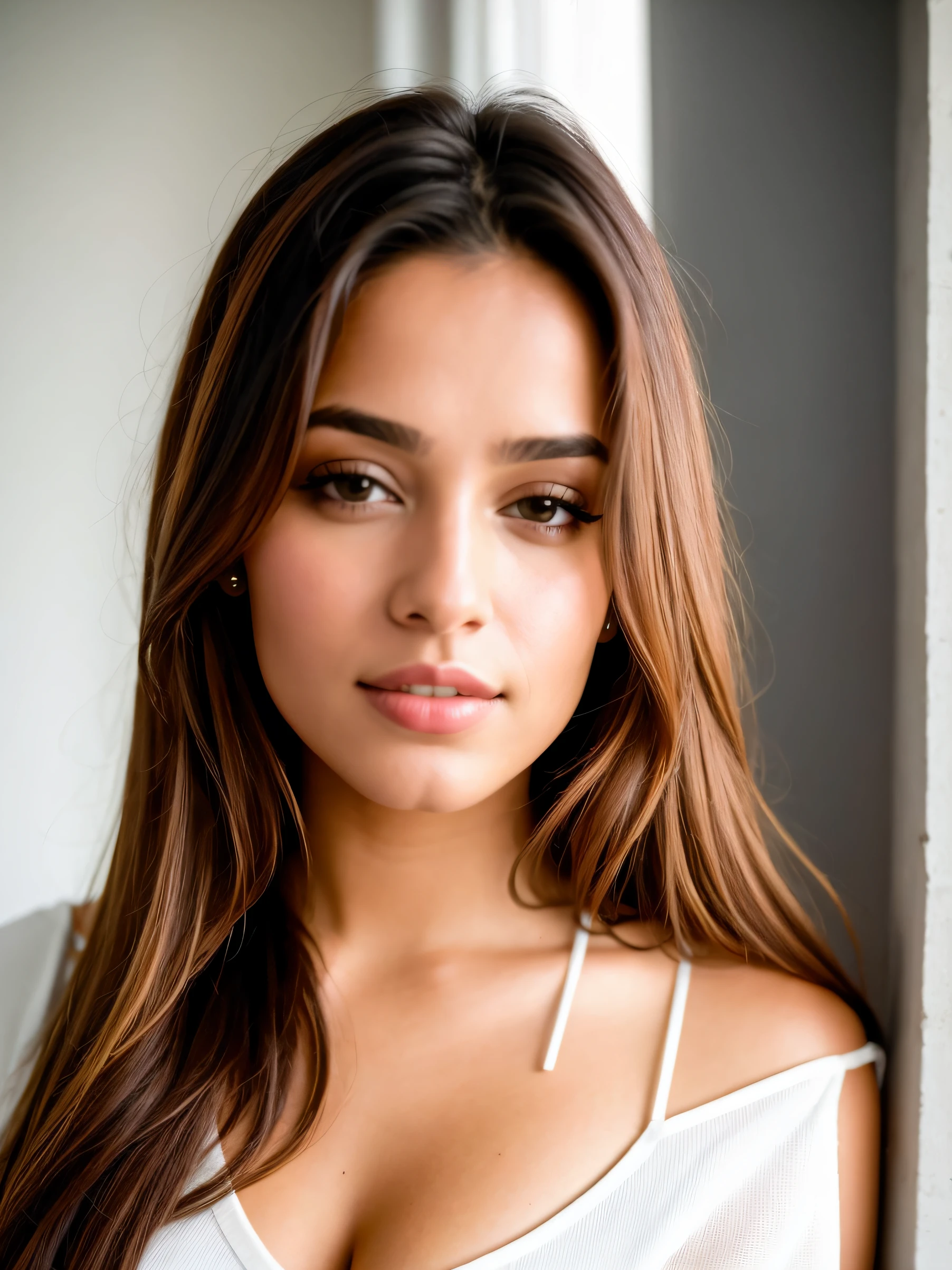 Beautiful woman, dark complexion, mix 4, baggy white t shirt, pillow, lips, open mouth, realistic, photo_\(medium\), solo, (masterpiece), (photorealistic: 1.3), ultra detailed, (high detail) skin: 1.2), (best quality: 1.0), (ultra high resolution: 1.0), (Orchan-6500: 0.3), wavy detailed hair, long hair, pink highlights, sunshine, (beautiful detailed makeup), (sexual arousal, blush, rough breathing: 1.0)