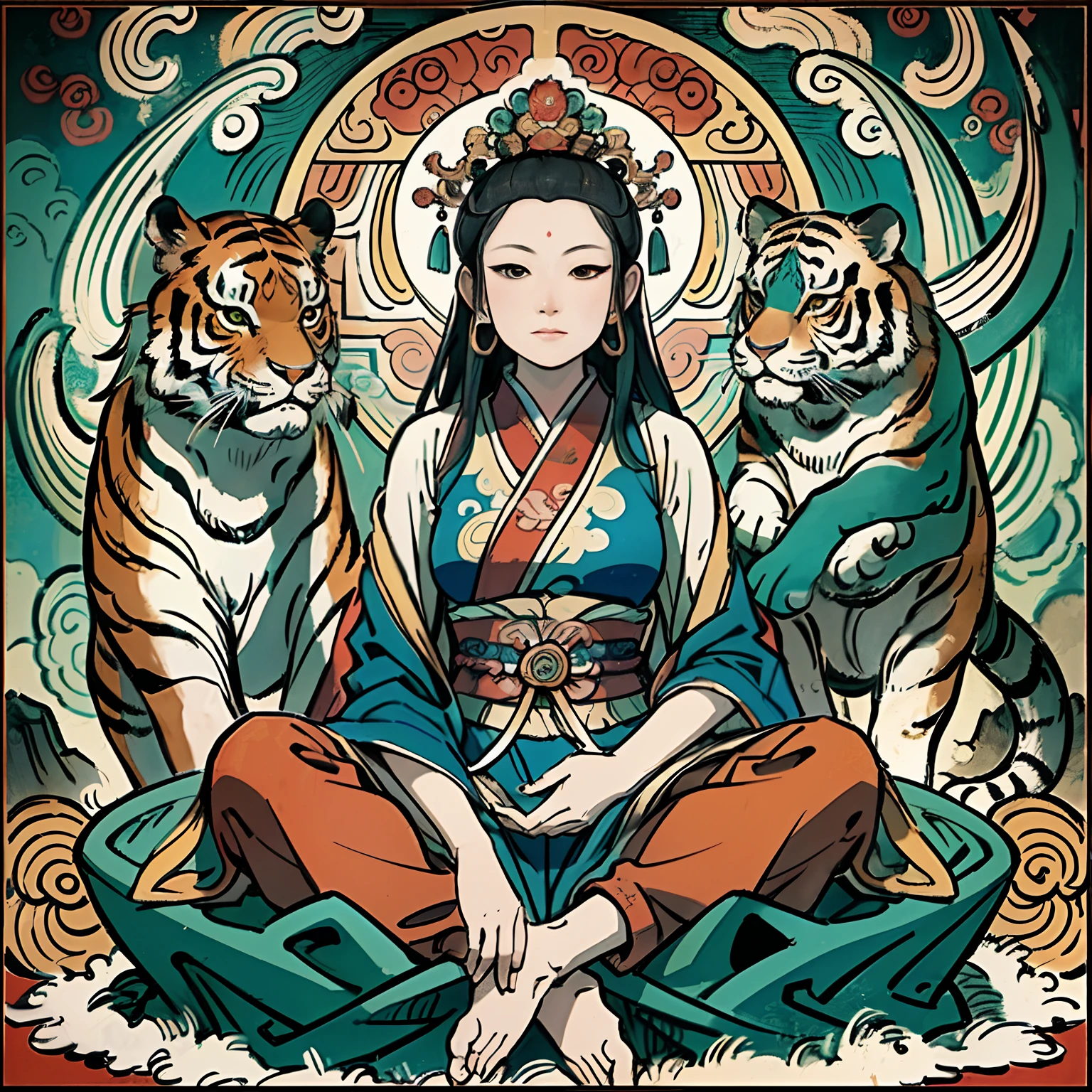 an ancient Chinese goddess, guanyin of the southern seas, Guanyin, Inspired by India, Avalokiteshvara rides a tiger,,Serene expression,shui mo hua,Buddha,Buddhist,Lotus,Chinese painting style,Thangka style