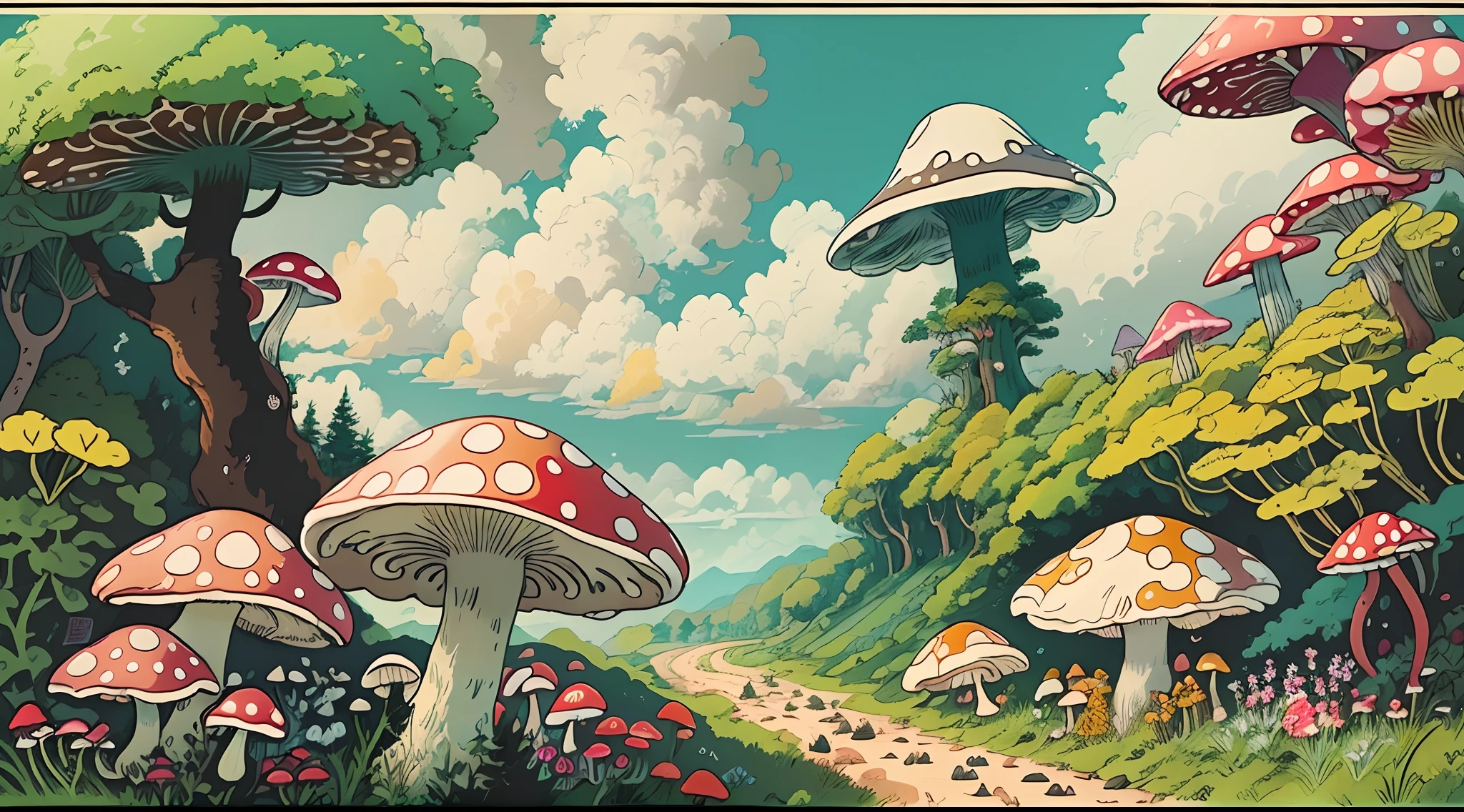 with a realistic、Be authentic、beautifly、mushrooms、a large amount of mushrooms、the woods、in woods、road in forest、Farbe々Coloring mushrooms、large mushroom、giant mushroom、Amazing landscape oil painting Studio Ghibli Hayao Miyazaki petal meadow with blue sky and white clouds --v6