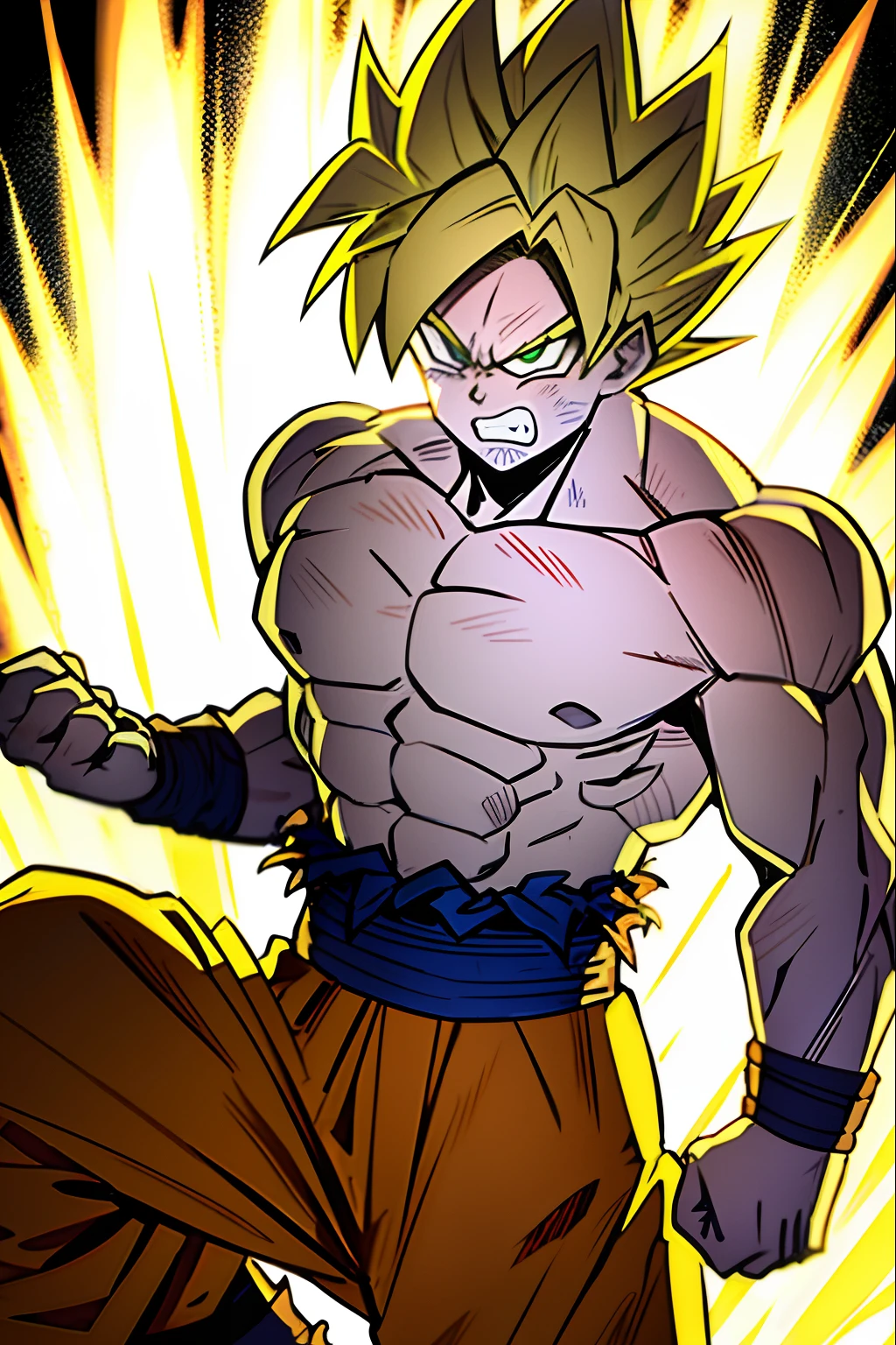 son goku, 1boy, angry, battle damage, blonde hair, blue sash, clenched teeth, furious, green eyes, male focus, muscular, muscular male, pectorals, sash, solo, spiked hair, super saiyan, super saiyan 1, teeth, topless male, torn clothes, wristband, ((masterpiece))