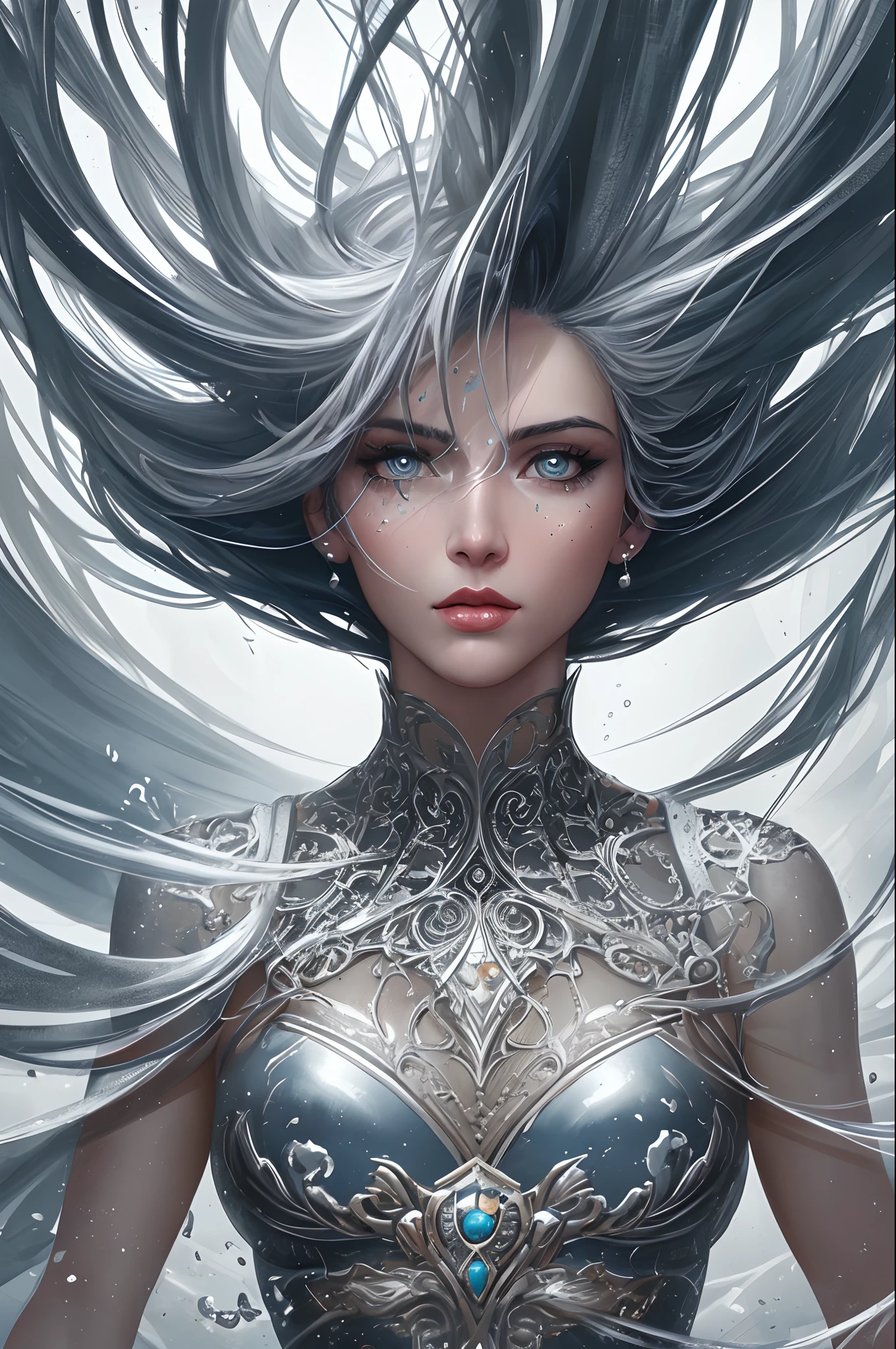 liquid mercury woman, abstract art style, Art by Alberto Seveso, intricate
watercolor painting, silver filigree, filigree detailed, drops, waves,
splash style of silver paint, perfect symmetric eyes, digital painting,
colour explosion, concept art, volumetric lighting, metallic reflections,
3d render, trending on artstation, masterpiece,
by Boris Vallejo, Greg Rutkowski, Artgerm, 8K, UHD