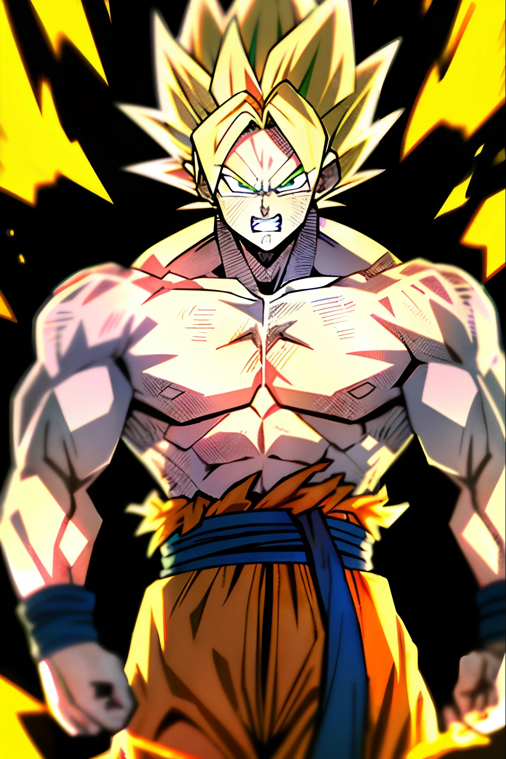 son goku, 1boy, angry, battle damage, blonde hair, blue sash, clenched teeth, furious, green eyes, male focus, muscular, muscular male, pectorals, sash, solo, spiked hair, super saiyan, super saiyan 1, teeth, topless male, torn clothes, wristband, ((masterpiece))