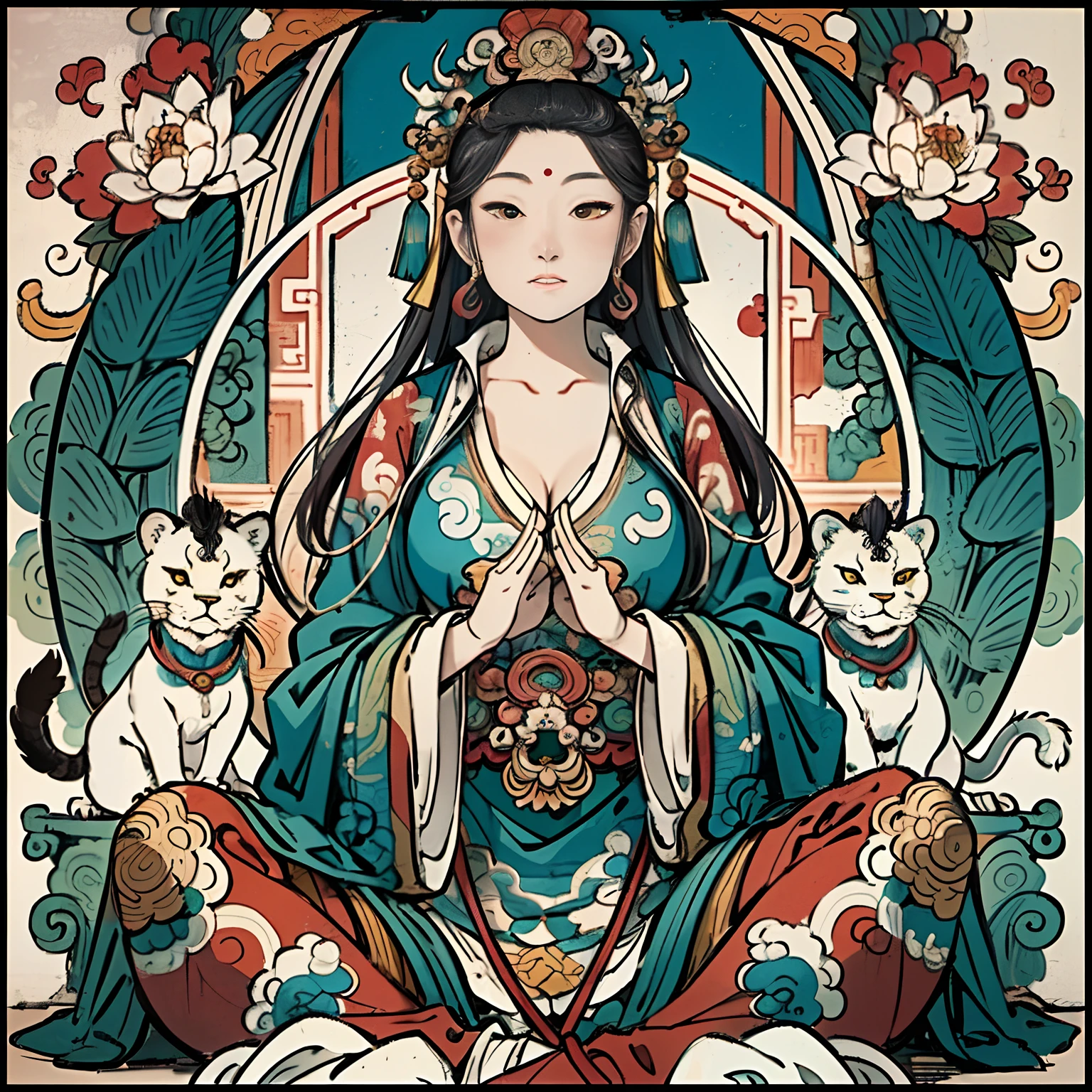 an ancient Chinese goddess, guanyin of the southern seas, Guanyin, Inspired by India, Avalokiteshvara rides a lion，,Serene expression,shui mo hua,Buddha,Buddhist,Lotus,Chinese painting style,Thangka style