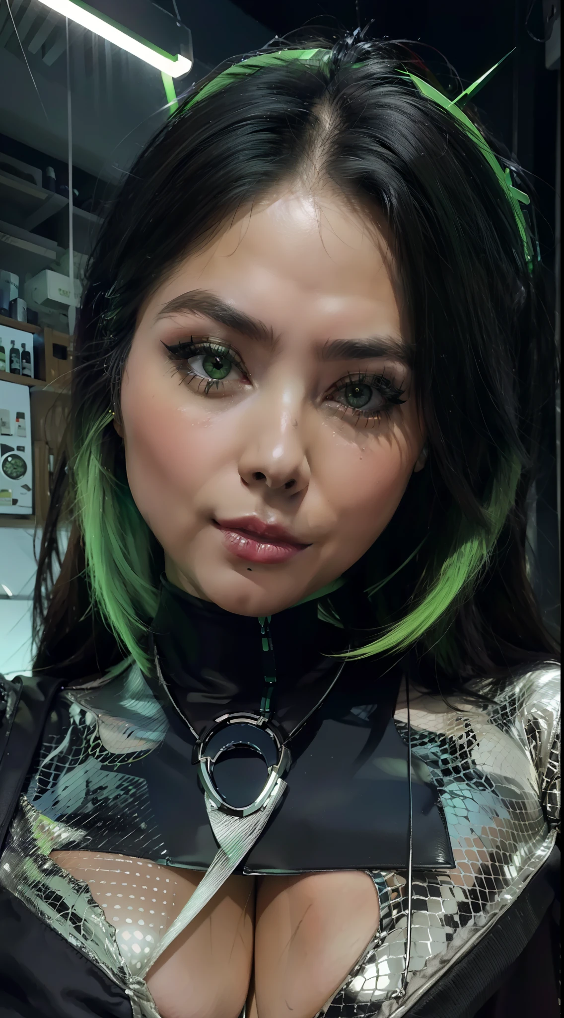 solo, super fine photo, portrait Unreal Engine 5 8K UHD of beautiful and cute girl, forest green and black color scheme tight cybernetic latex catsuit, cyberpunk face mask, cybernetic glove, futuristic design, dark green neon lights details, beautiful make up, luxurious, best quality, masterpiece, official art, unified 8k wallpaper, super detailed, sharp focus, dynamic pose, body parts