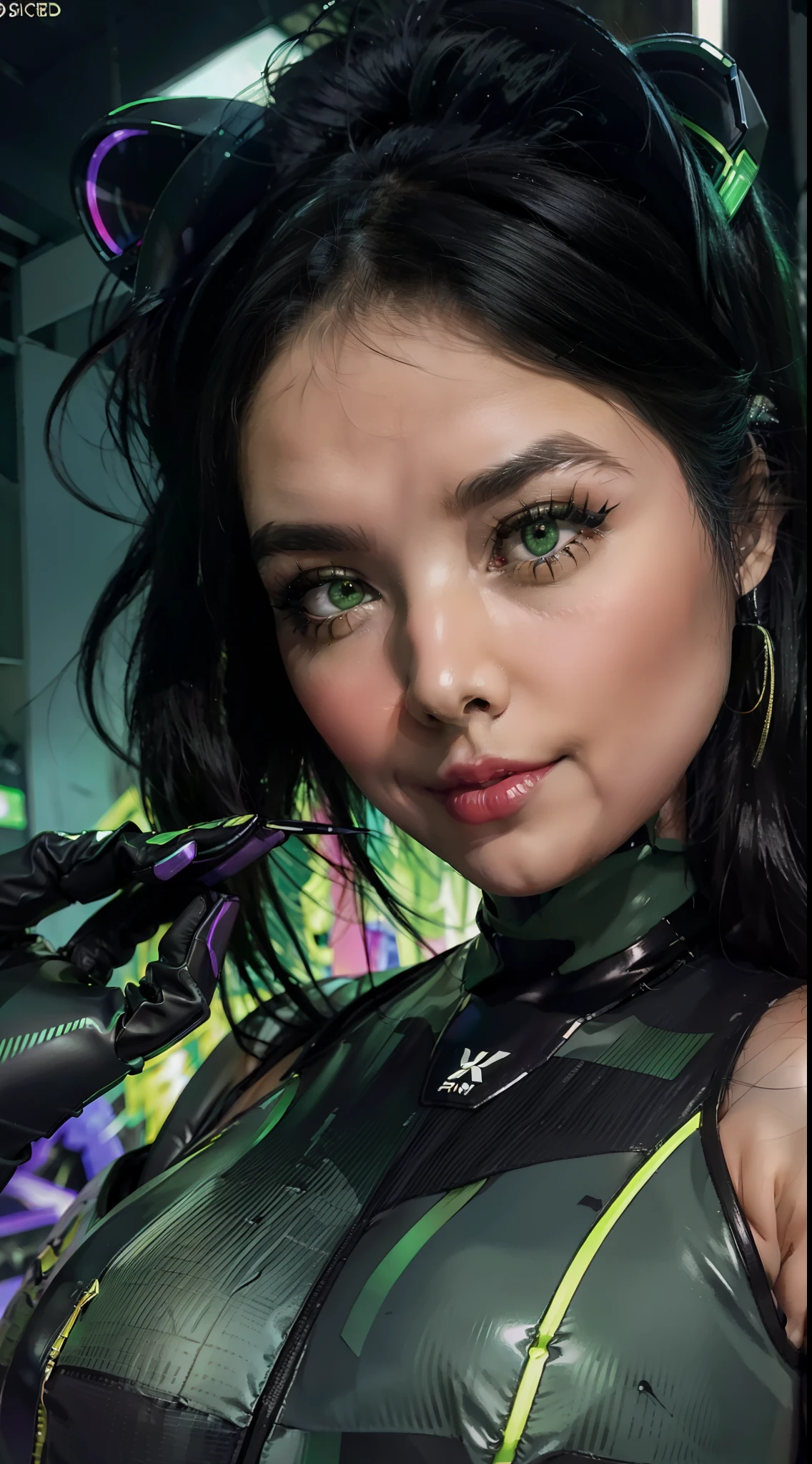 solo, super fine photo, portrait Unreal Engine 5 8K UHD of beautiful and cute girl, forest green and black color scheme tight cybernetic latex catsuit, cyberpunk face mask, cybernetic glove, futuristic design, dark green neon lights details, beautiful make up, luxurious, best quality, masterpiece, official art, unified 8k wallpaper, super detailed, sharp focus, dynamic pose, body parts