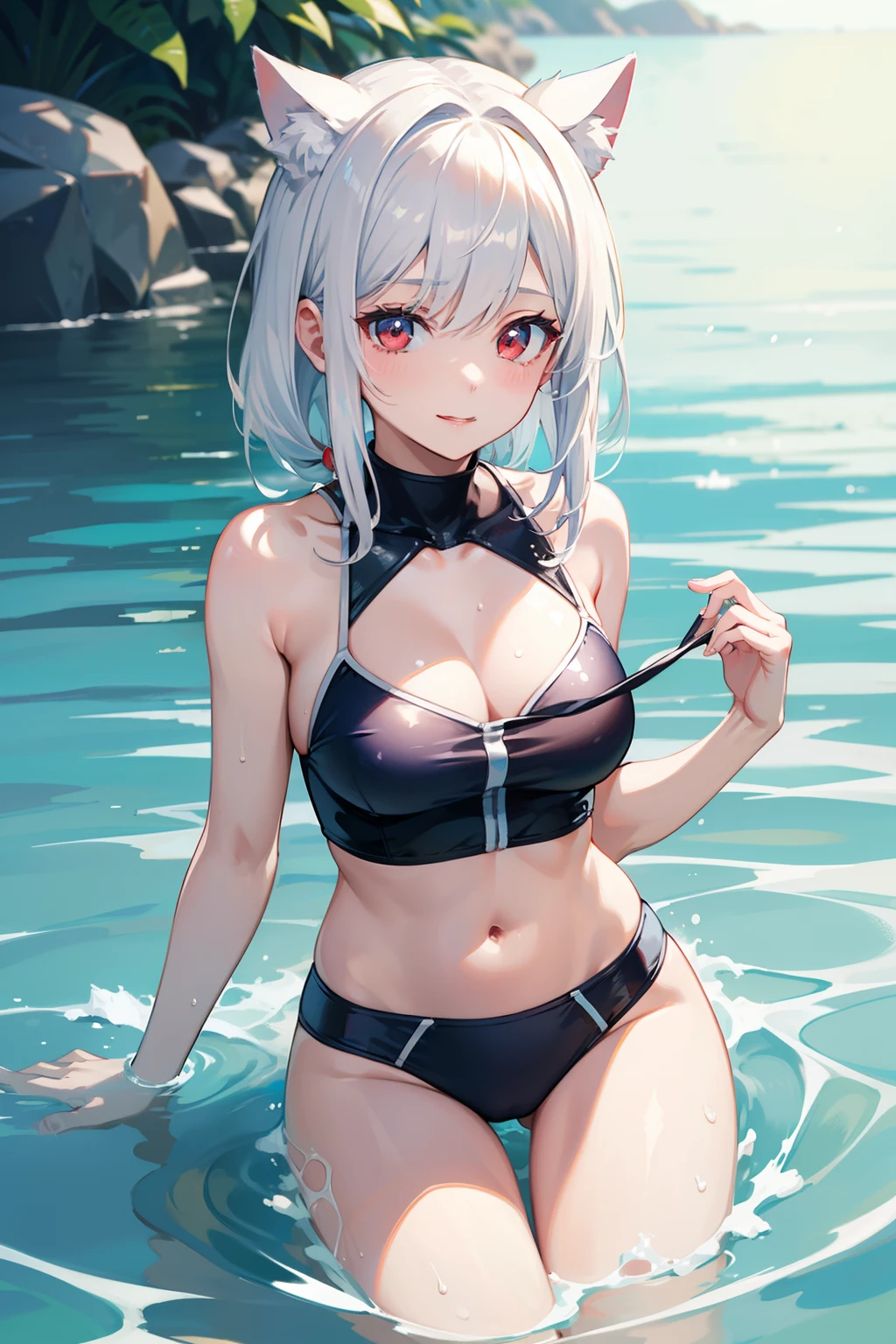 masterpiece、top-quality、1girl in。(swim wears:1.2), white hair,Red eyes,(Mare:0.8), (evening glow:0.7),(middlebreast:1.4), (a smile:0.8)