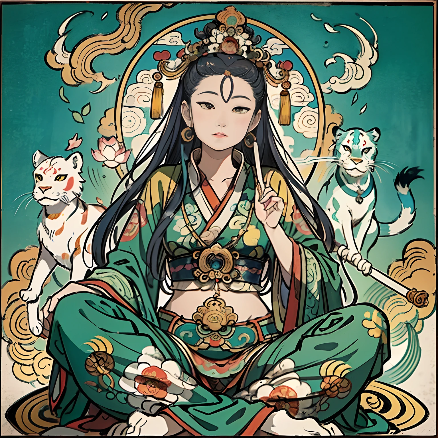 an ancient Chinese goddess, guanyin of the southern seas, Guanyin, Inspired by India, Avalokiteshvara rides a lion,,Serene expression,shui mo hua,Buddha,Buddhist,Lotus,Chinese painting style,Thangka style