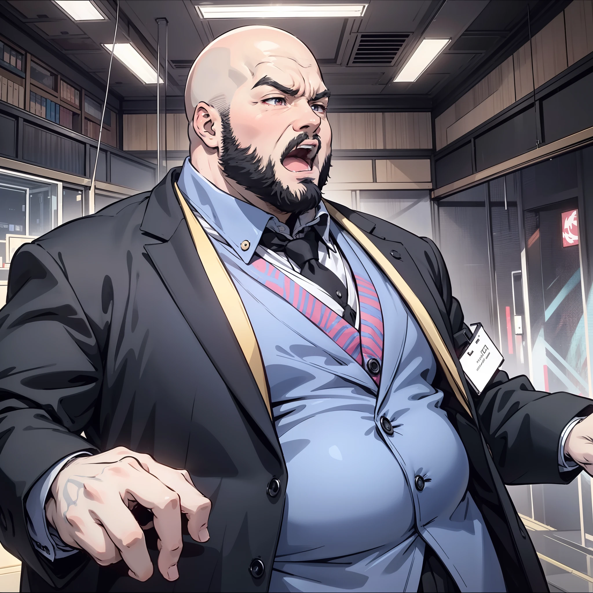 One was wearing a black suit,A bald and obese middle-aged man in his 50s stood in the venue and roared angrily(Rage 1.5)(Open mouth 1.5)(Obesity1.8)(The background is the upper class party venue 1.5)style of anime4 K,Anime rendering,style of anime。8K,Handsome anime face(Full body display 1.8)(The Man Who Goes Through Vicissitudes 1.8)(Cinematic lighting 1.5)(Master masterpieces:1.4)(Ultra-high detail1.5)(Best quality1.5)