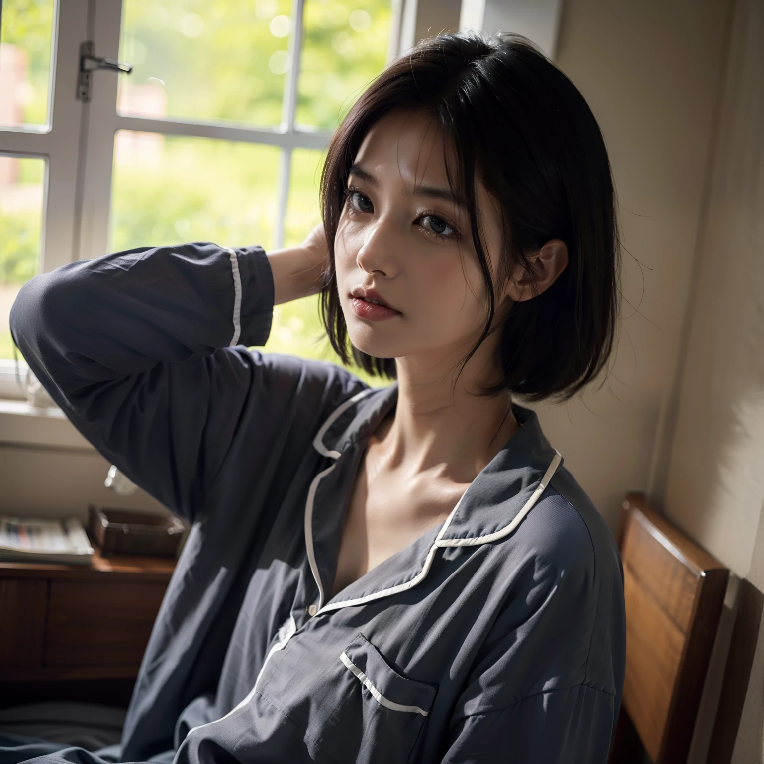 top-quality, ​masterpiece, 超A high resolution, 8K, Unripe, (photographrealistic:1.4), rendered, depth of fields, A slender, hospitals,Hospital room, detailed beautiful faces, 1 rapariga, cute little, 年轻,, Large black eyes, Black Hair Bob,s Pajamas, (s Pajamas:1.3),White hospital uniform,raindrops,