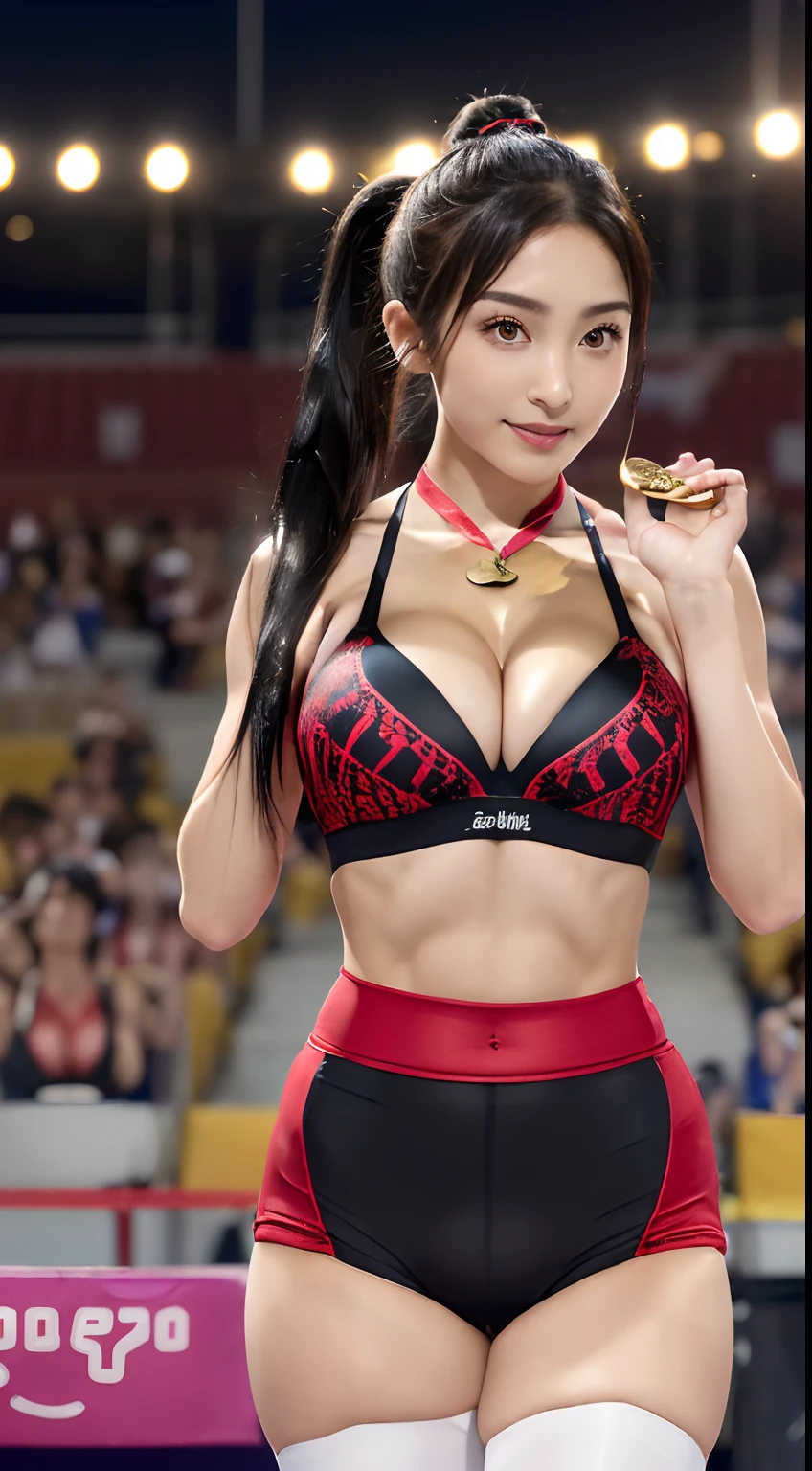8K、 超A high resolution、Best Quality、Photorealsitic、hightquality、high-detail、masuter piece、(huge-breasted、cleavage of the breast:1.3)、Lower breast、(Red and black、Racing Bloomers、Sportsbra:1.5)、track and field club、(Standing on the podium、Wear one gold medal around your neck、1 medal、Answer the cheers of the audience above、Beautiful five-fingered:1.45)、(Long ponytail with black hair:1.3)Extraordinary beauty、(Toned body、Split abs:1.3)Big eyes、Obviously double eyelids、(On a short track in the athletics arena:1.3)、serious facial expression、RunningShoes