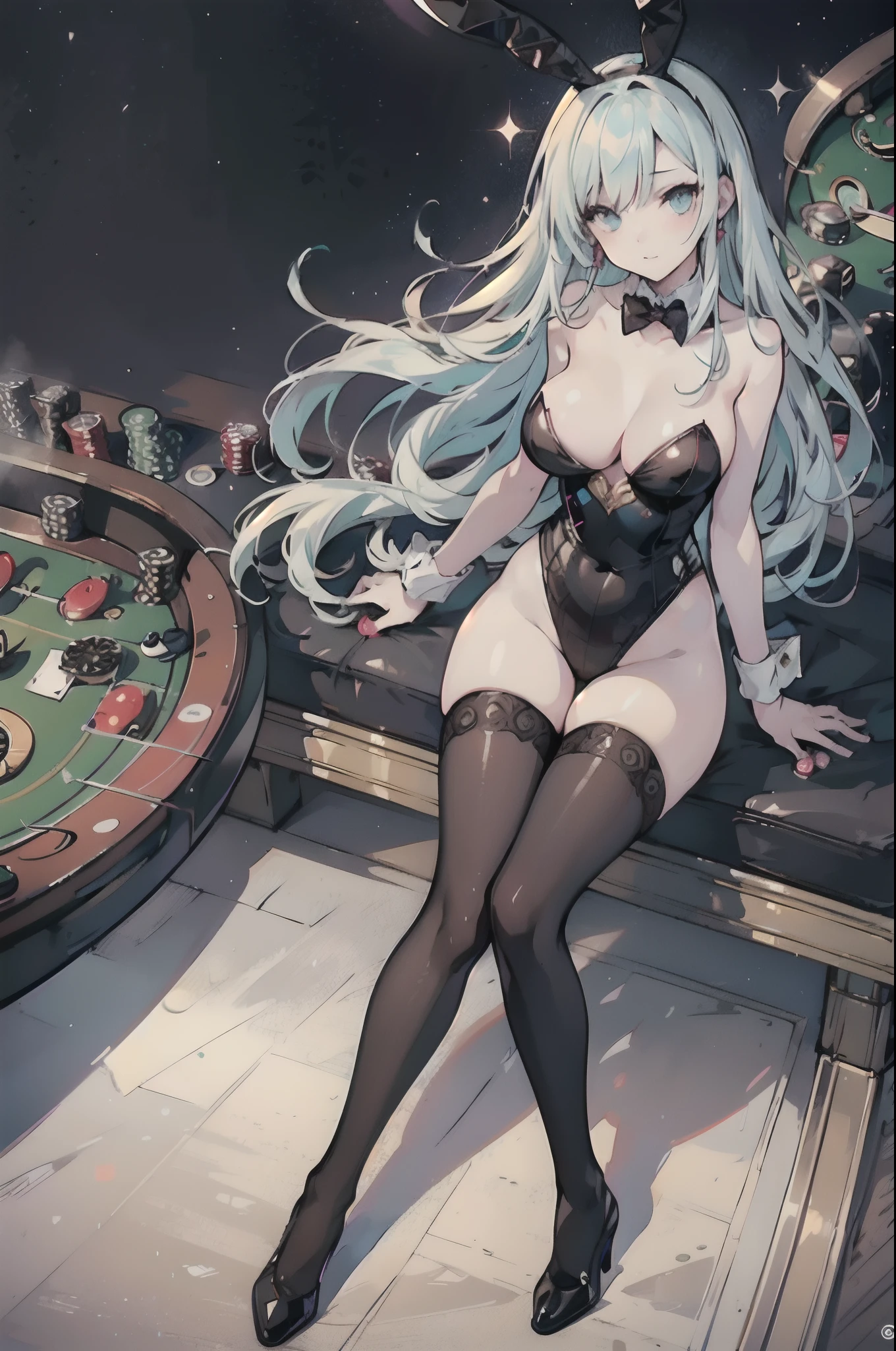 (fullllbody), bunnygirl, (beautifully detailed eyes), (beautiful and detailed face), Perfect female body, (neat figure:1.2), thick body, Slender waist, (18year old), (Black stockings:1.4), Very big eyes, (top-quality), (ultra-detailliert), (masuter piece), (hight resolution), (Photorealsitic:1.4), (Dynamic Angle:1.2), (Original), (the Extremely Detailed CG Unity 8K Wallpapers), Character Design, Game CG, Detailed Manga Illustration, Realistic head-to-body size ratio:1.2, anime keyvisual,((Many guests:1.2)),((Gorgeous Casino Illuminations:1.4)),