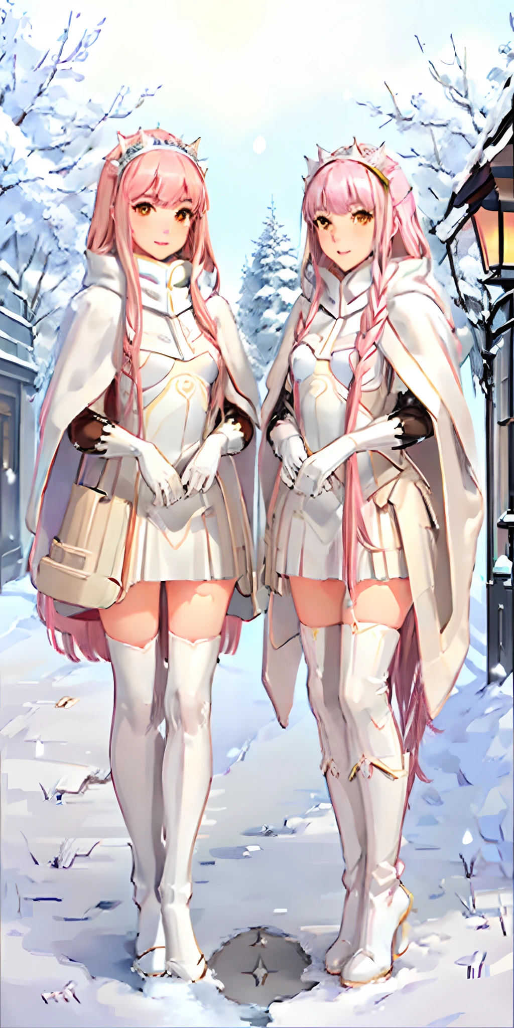 (masterpiece, sidelighting, finely detailed beautiful eyes: 1.2), glowing eyes, shiny hair, lustrous skin, duo, embarrassed, medb \(fate\), outdoors, cloak, white cloak, fur trim, knee boots, snow, street, lamppost, full body, 2girls, ((twins, clones, matching outfits, matching hairstyles, matching faces))