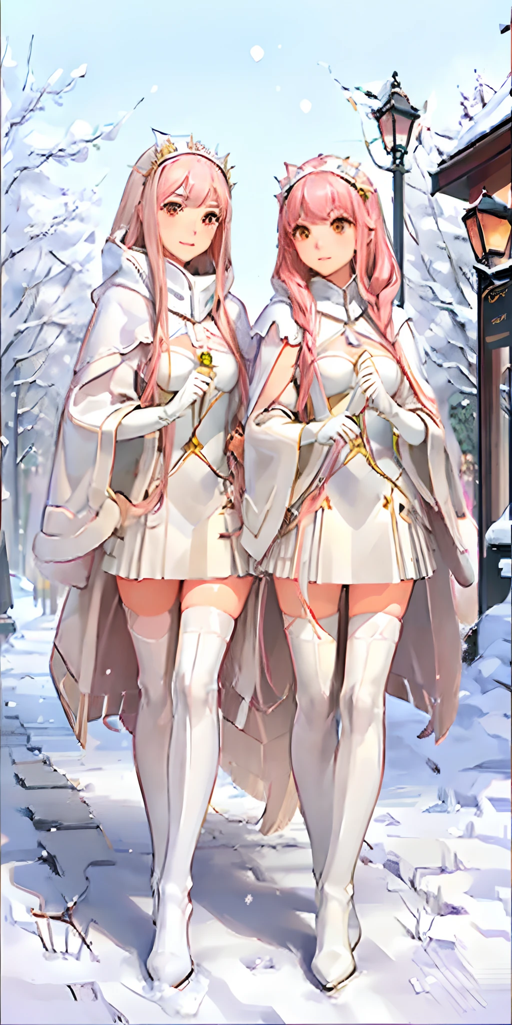 (masterpiece, sidelighting, finely detailed beautiful eyes: 1.2), glowing eyes, shiny hair, lustrous skin, duo, embarrassed, medb \(fate\), outdoors, cloak, white cloak, fur trim, knee boots, snow, street, lamppost, full body, 2girls, ((twins, clones, matching outfits, matching hairstyles, matching faces))