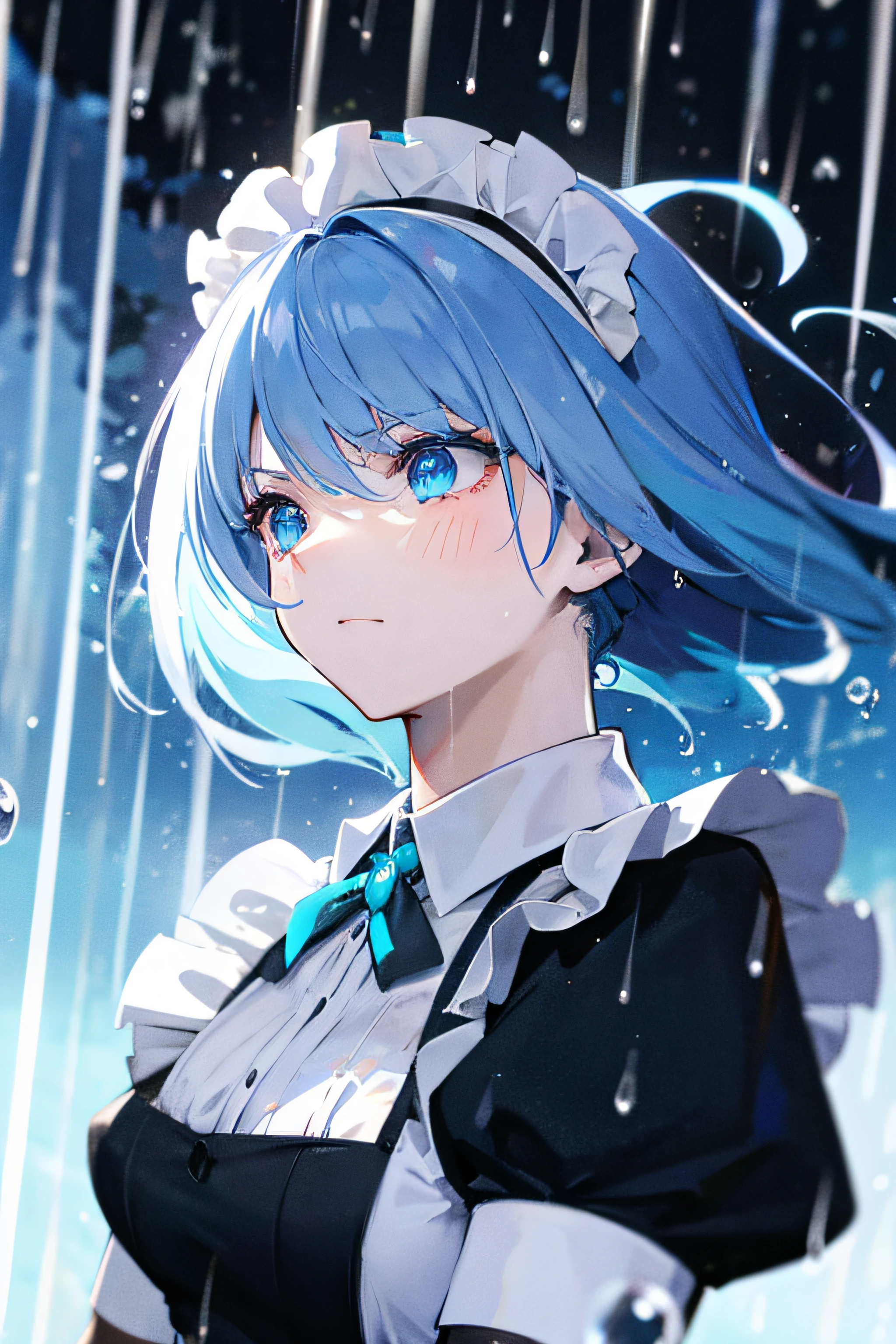 {{{{{{masterpiece, 1girl, maid, serious, rain}}}}}}, {{{{dynamic angle, dynamic pose, cinematic camera}}}}, {{{{{{sky bubbles, glow_white_particles}}}}}}, {{{{{{disheveled blue hair, intricete details, depth of field}}}}}}