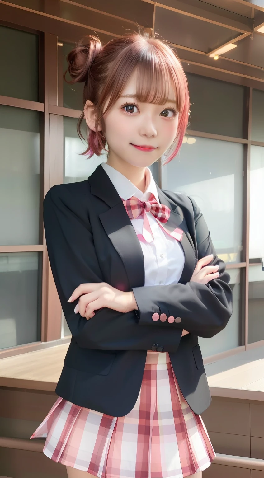 masutepiece, High quality, Best Quality, High resolution, 4K, High Definition, Beautiful lighting,1girl in, Short hair, Pink hair, Pink eyes, Yui, Hair bun,sobu highschool uniform, Black Blazer, White shirt, red ribbon plaid skirt、japanes、red blush、embarrassed、(kawaii:1.4)、a picture、A smile