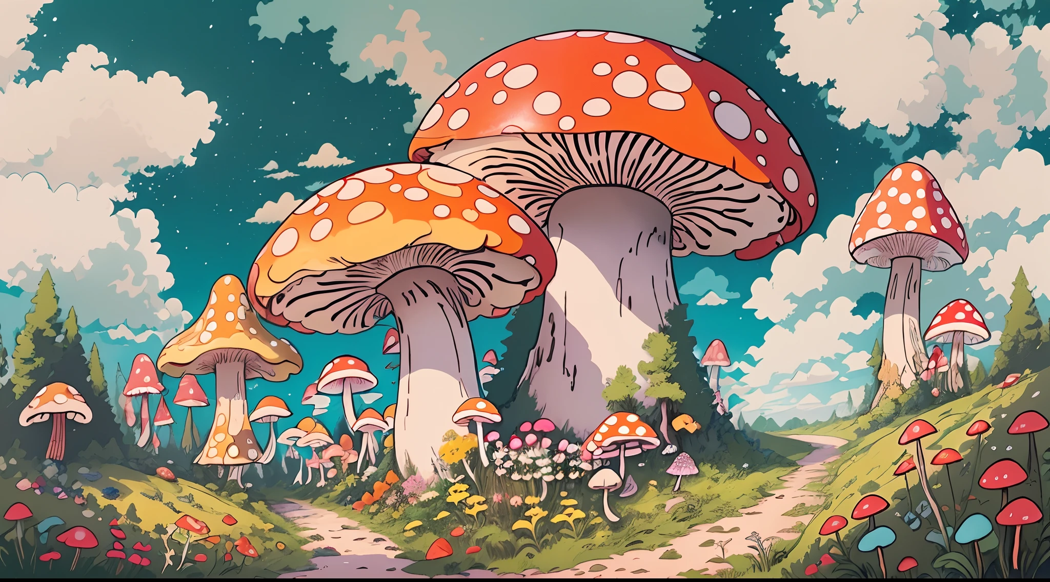 with a realistic、Be authentic、beautifly、mushrooms、a large amount of mushrooms、the woods、in woods、road in forest、Farbe々Coloring mushrooms、large mushroom、giant mushroom、Amazing landscape oil painting Studio Ghibli Hayao Miyazaki petal meadow with blue sky and white clouds --v6