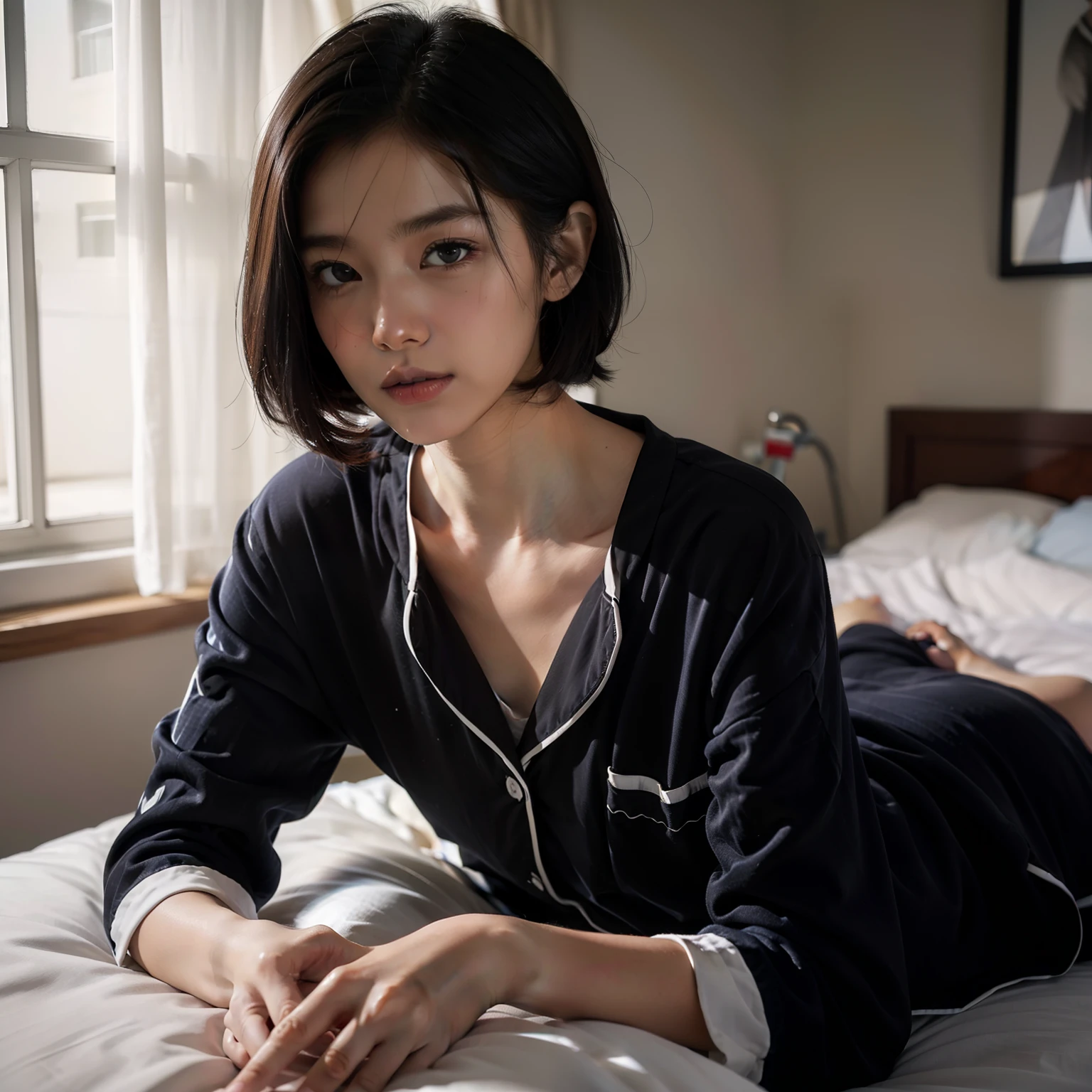 top-quality, masterpiece, 超A high resolution, 8K, Unripe, (photographrealistic:1.4), rendered, depth of fields, A slender, Large Hospital,The hospital room is a private room, detailed beautiful faces, 1 rapariga, cute little, 年轻,, Large black eyes, Black Hair Bob,White pajamas, (s Pajamas:1.3),