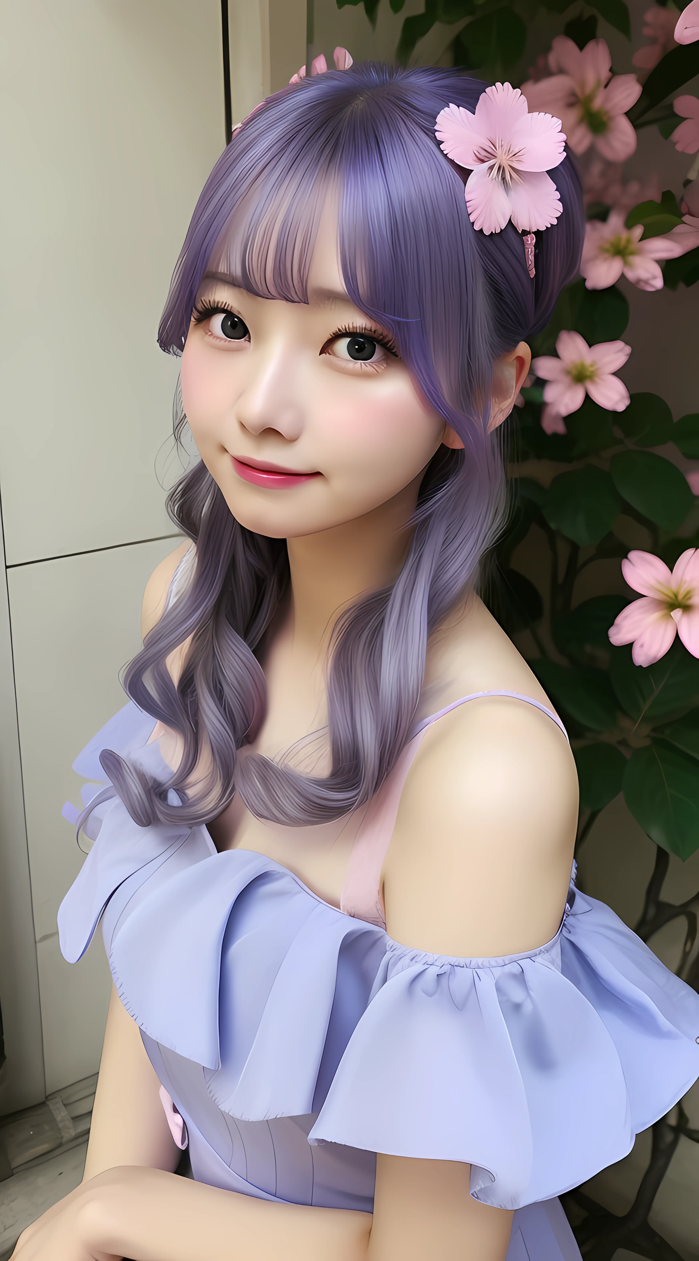 Woman in pink dress,真实感，Faded gray hair，A flower stuck in his hair,  Chinese women，Delicate facial features，gigantic cleavage breasts：1.2，blue color eyes，