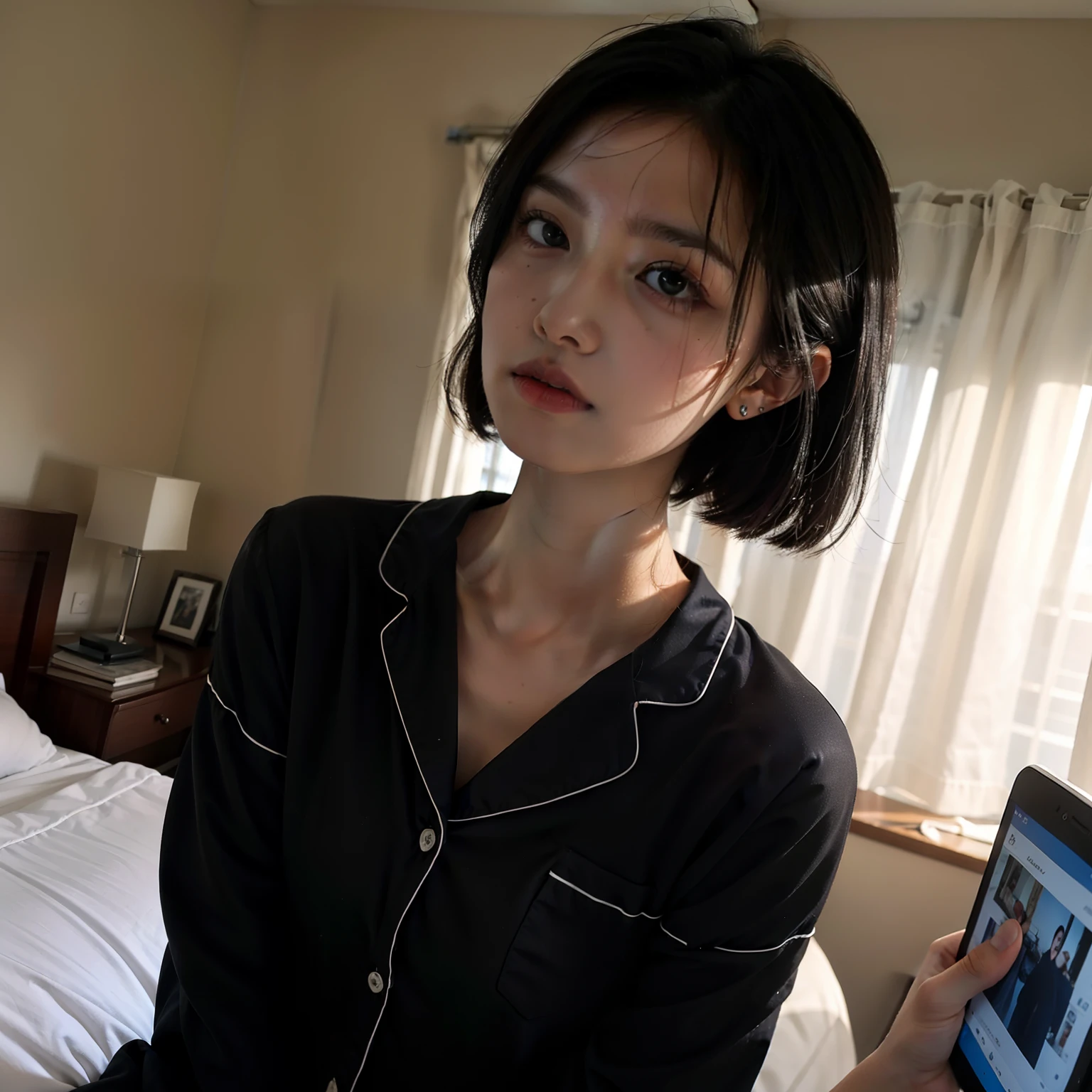 top-quality, masterpiece, 超A high resolution, 8K, Unripe, (photographrealistic:1.4), rendered, depth of fields, A slender, hospitals,Hospital room, detailed beautiful faces, 1 rapariga, cute little, 年轻,, Large black eyes, Black Hair Bob,s Pajamas, (s Pajamas:1.3),White hospital uniform,raindrops,