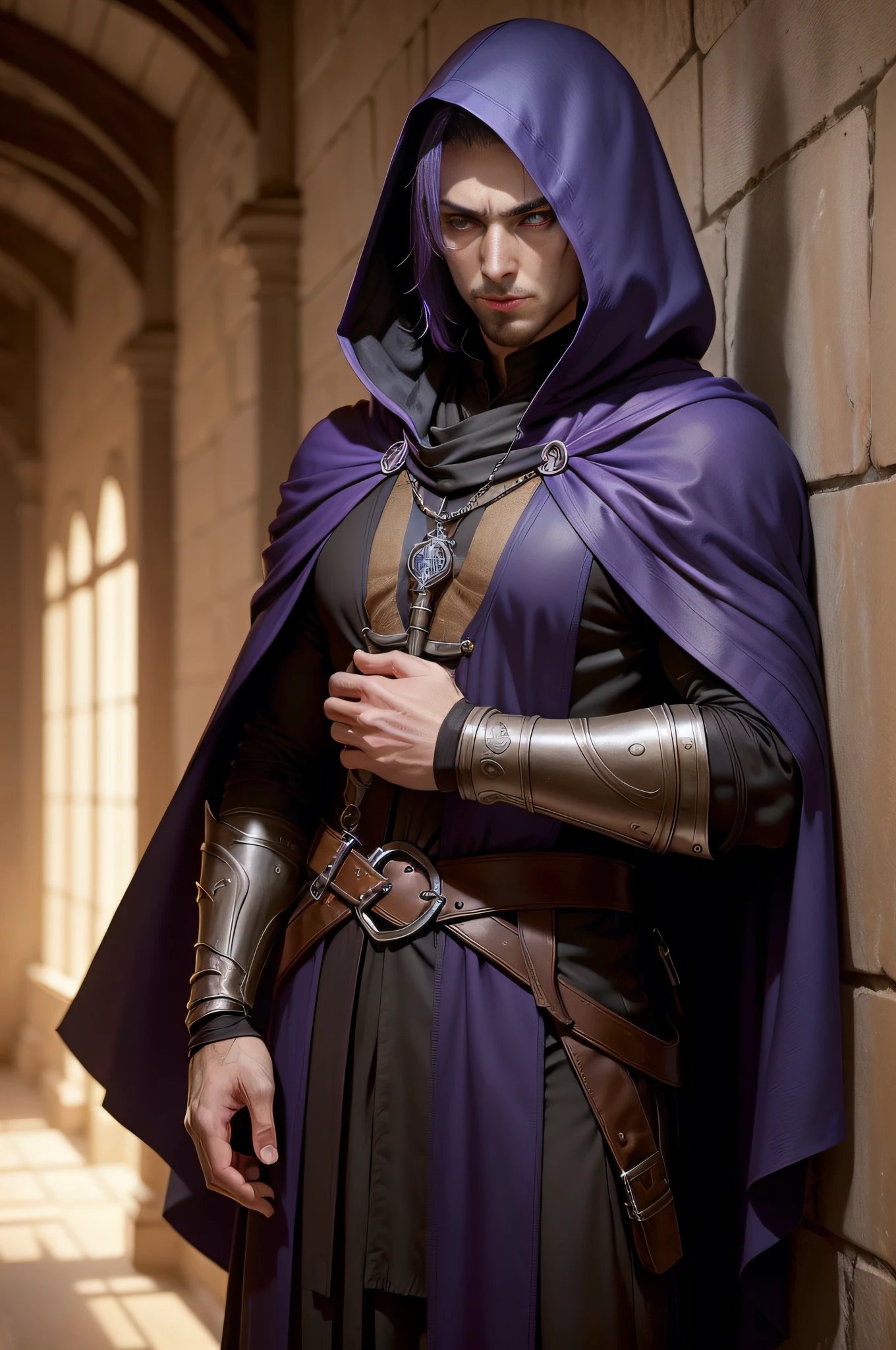(((masterpiece, Best Quality, Ultra-detailed))), (proficient male assassin, pretending to sleep, stand against the wall, looking down forward, fold his arms, solo, unapproachable vibe, expressionless, calm, Perfect fingers, Perfect hands), 35 years old, (medieval assassin costume, hooded assassin's cloak), Medieval secret guild in the background, indoor, Dynamic Angle, very short hair, purple hair, male villains face, male eyebrows, sharp eyes , close one eye, sharp nose, forehead,