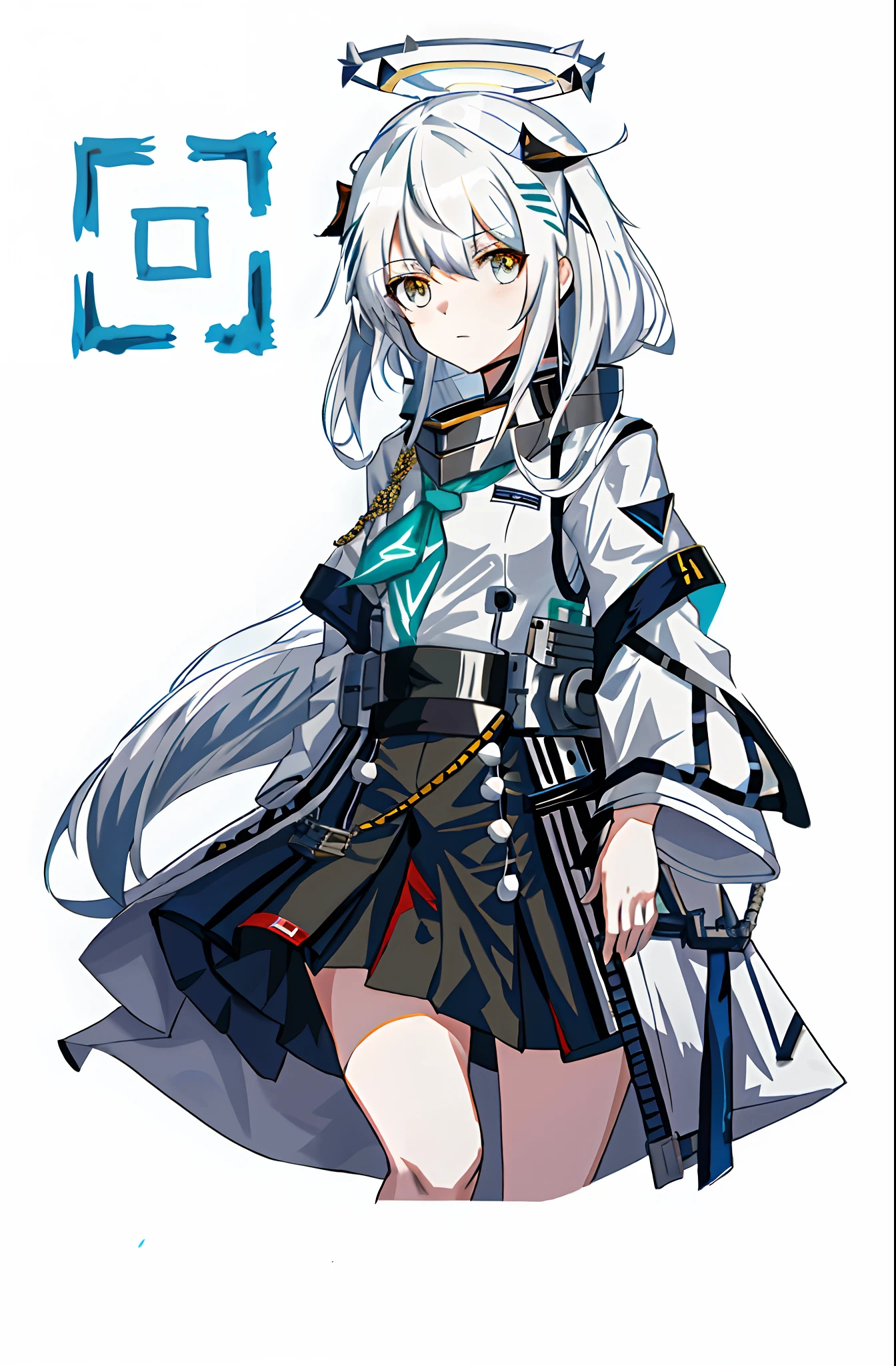 Anime characters and uniforms standing in front of white background, Kantai collection style,From Arknights,, white haired Cangcang, Perfect white haired girl, azur lane style, kancolle, The halo,simplebackground,frustrated,cyan colors