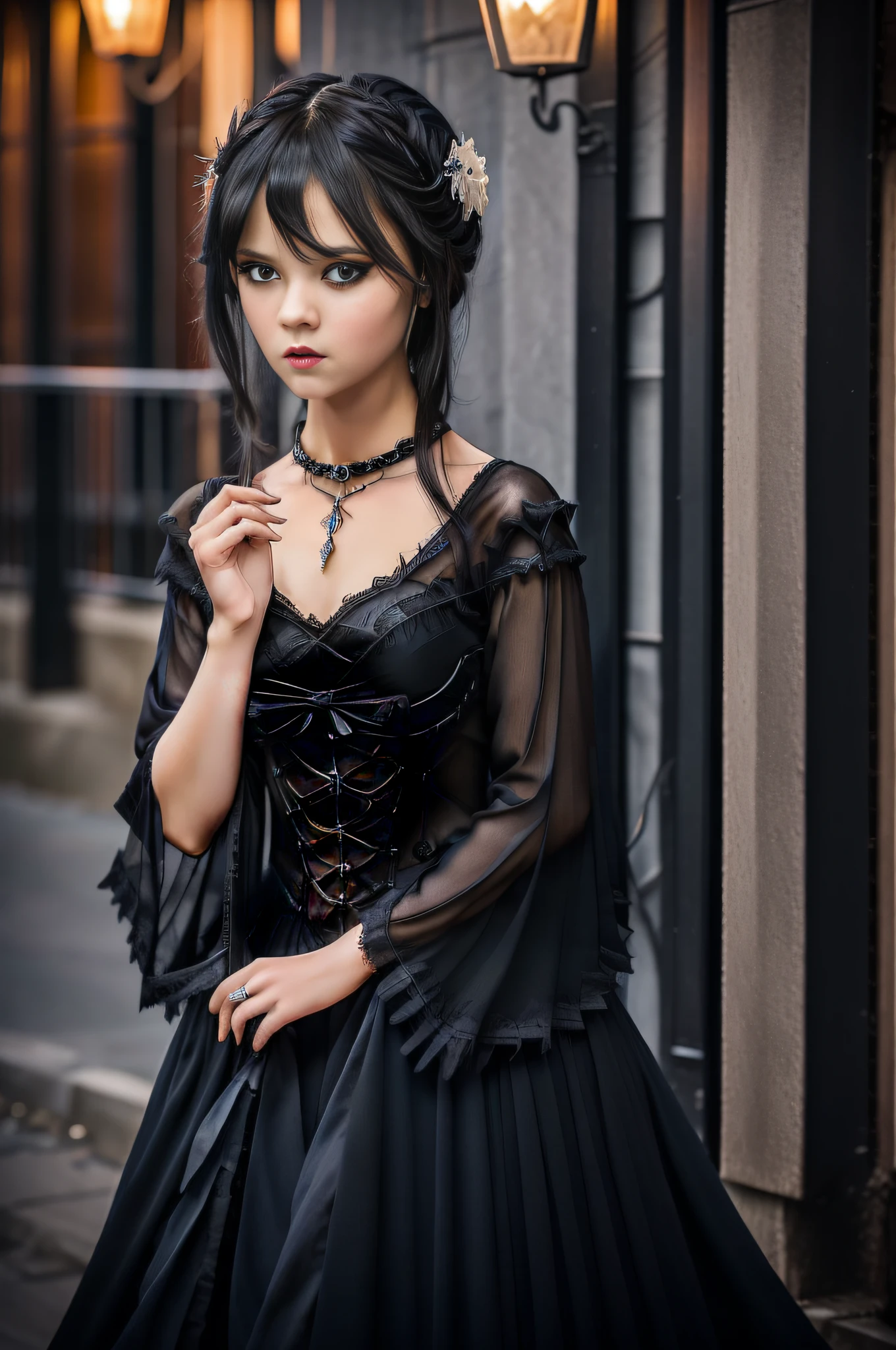 Gothic girl,Serious dark Gothic style costume， with short black hair, wide blue eyes，Tender lips,Mature and steady，Full and elegant，Elegant and dignified，Staring straight ahead，Beautiful face。Coordination of the five senses，Slim，Aggressiveness，Strong，Hand detail， fully body photo，Street at night